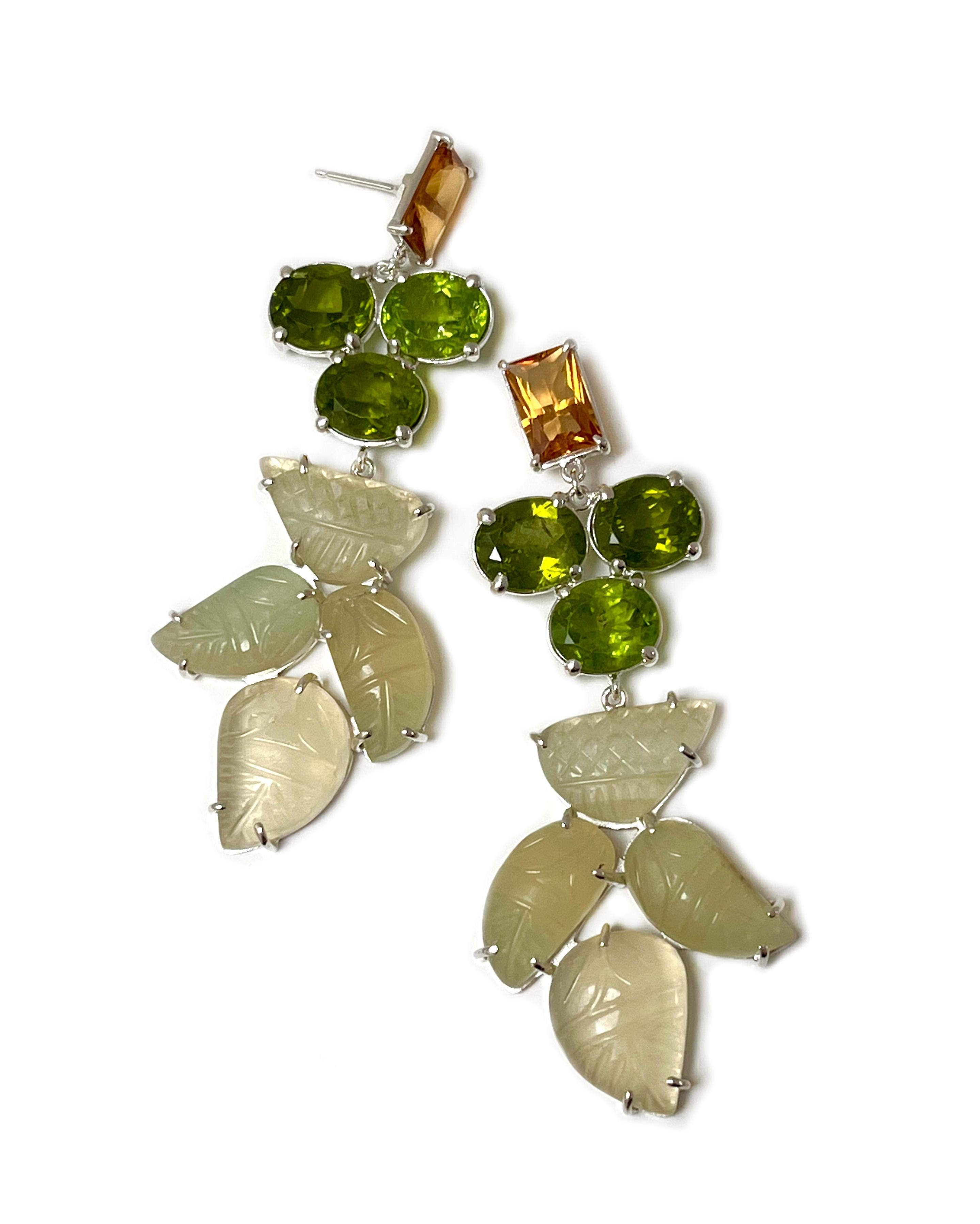 Contemporary Pine Tree Earrings in Peridot, Fluorite, Orange Quartz and Sterling Silver For Sale