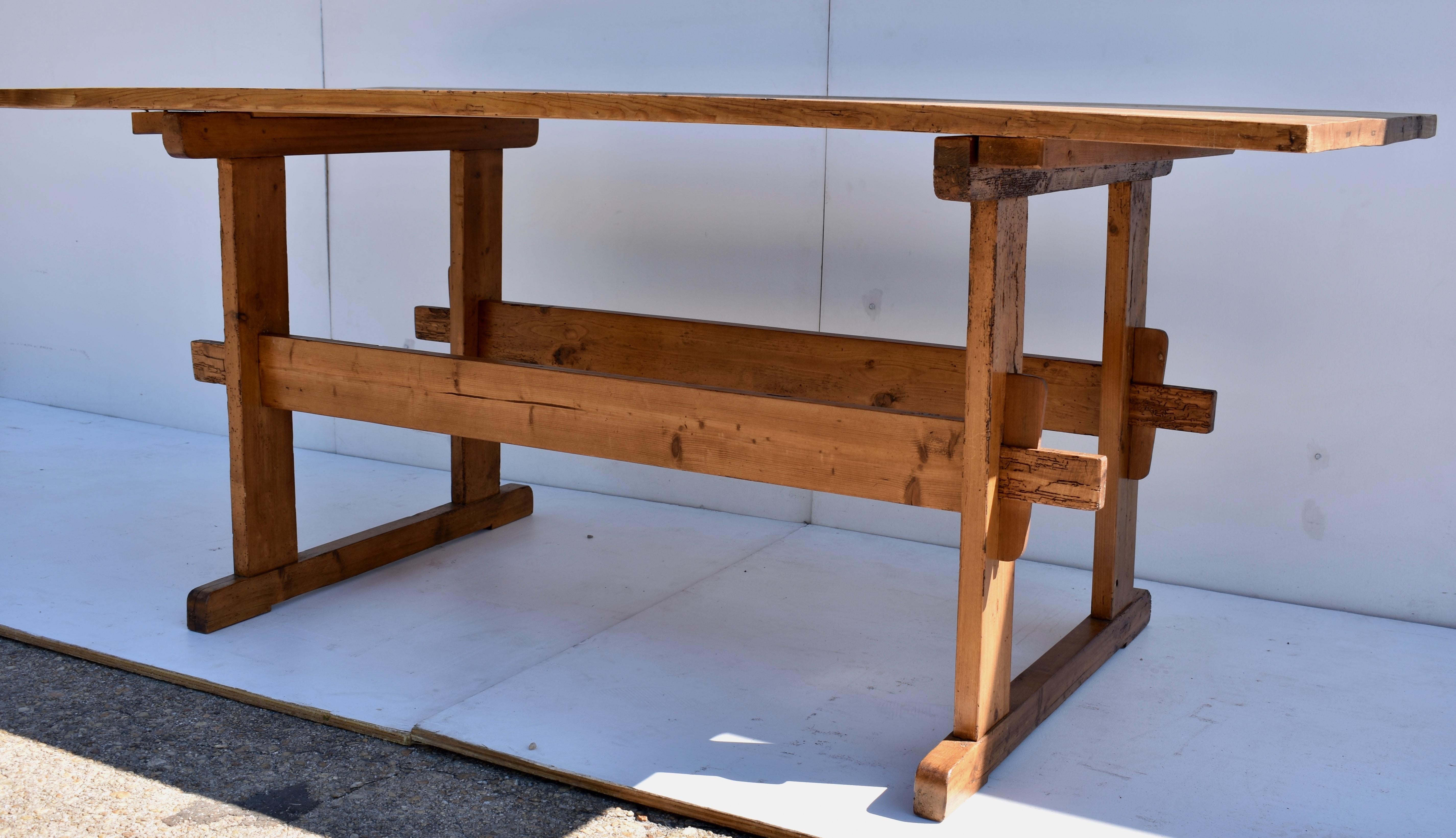 Polished Pine Trestle and Stretcher Base Work Table