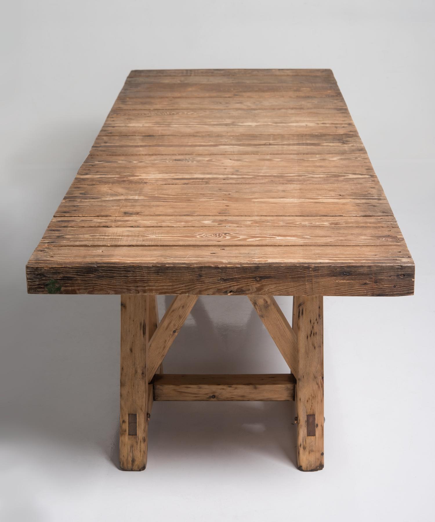 French Pine Trestle Table, France, circa 1930