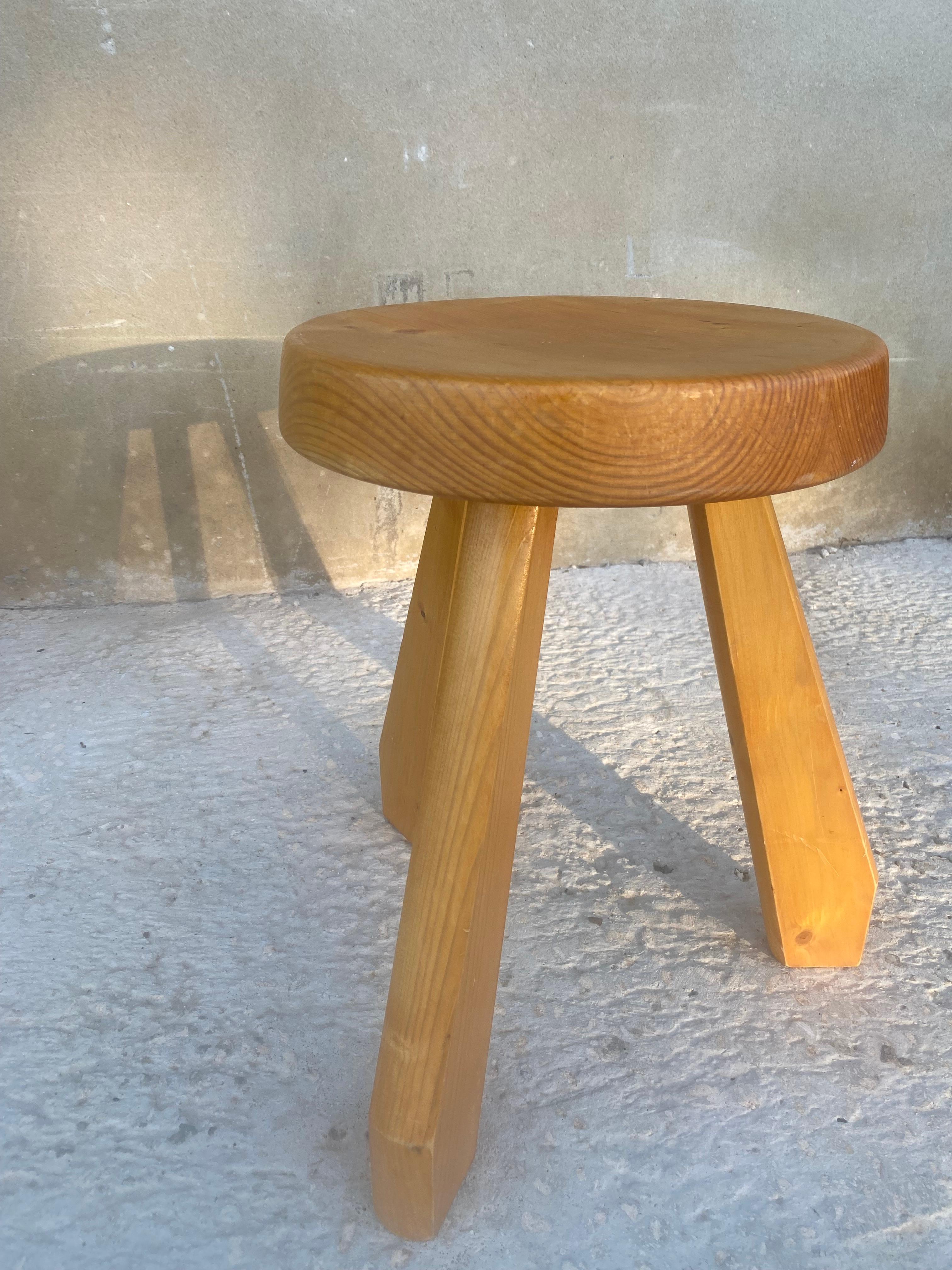 French Pine Tripod Stool by Charlotte Perriand, Les Arcs For Sale