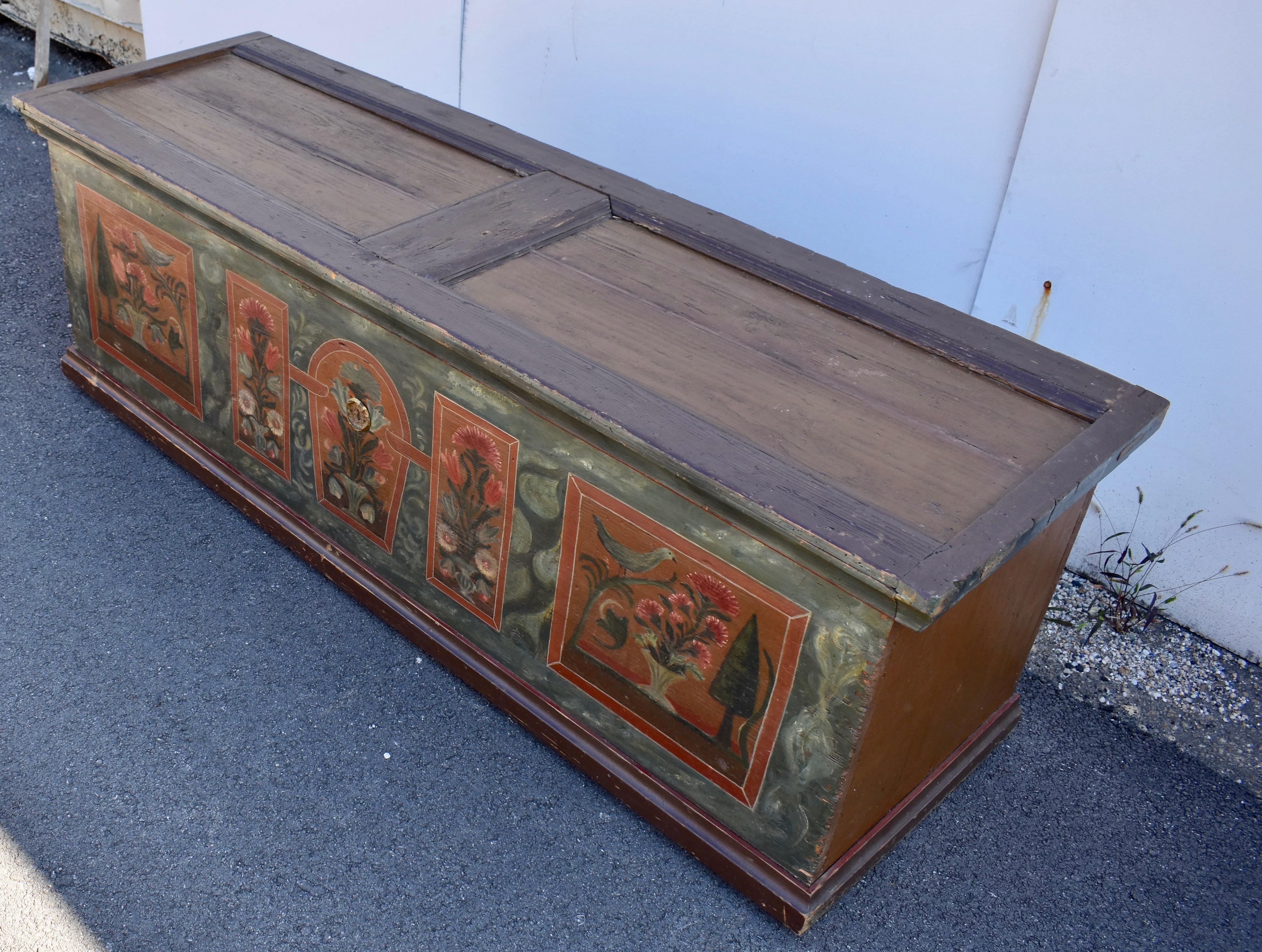 Folk Art Pine Trunk or Blanket Chest in Decorative Paint For Sale