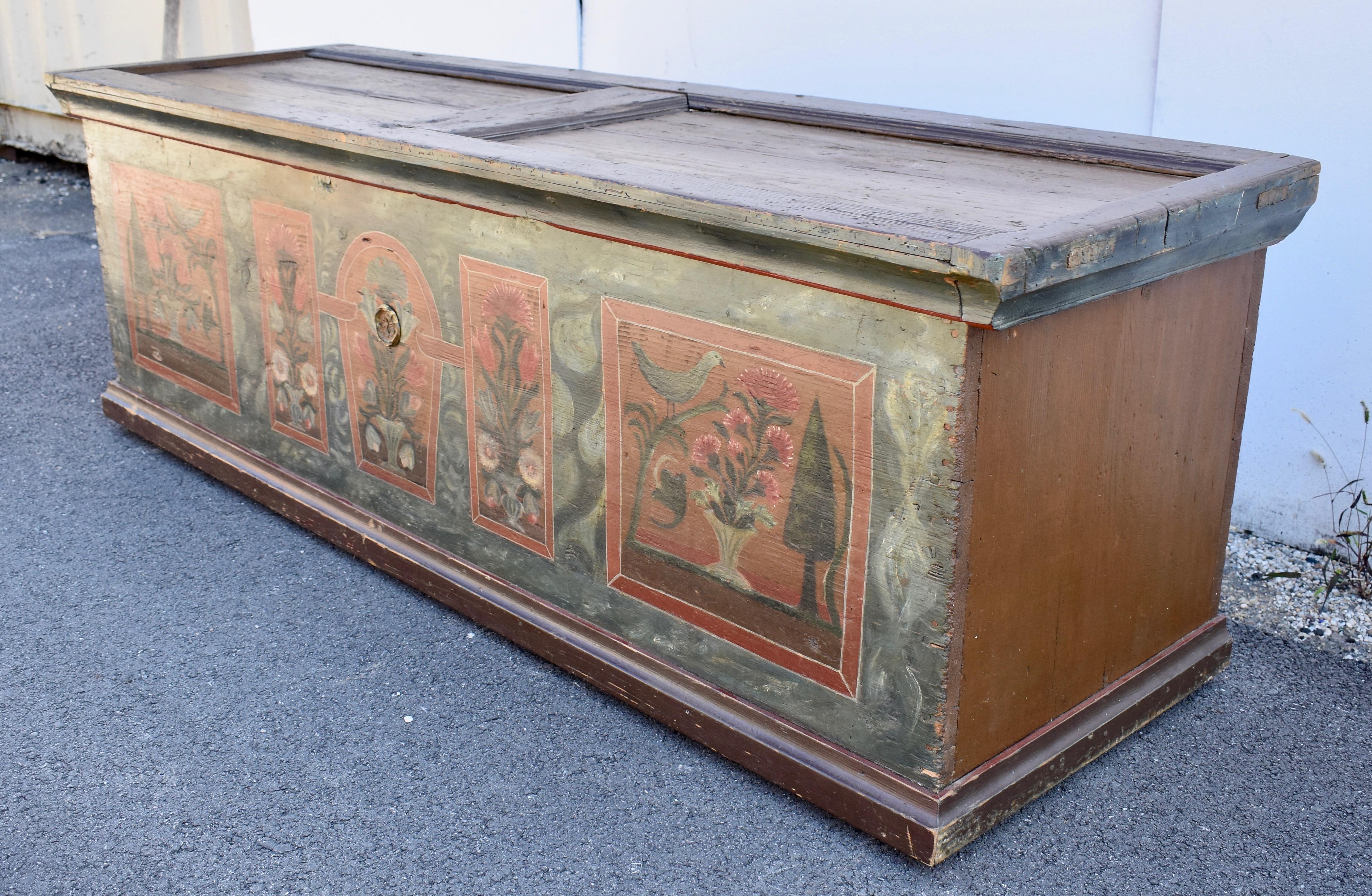 Hungarian Pine Trunk or Blanket Chest in Decorative Paint For Sale