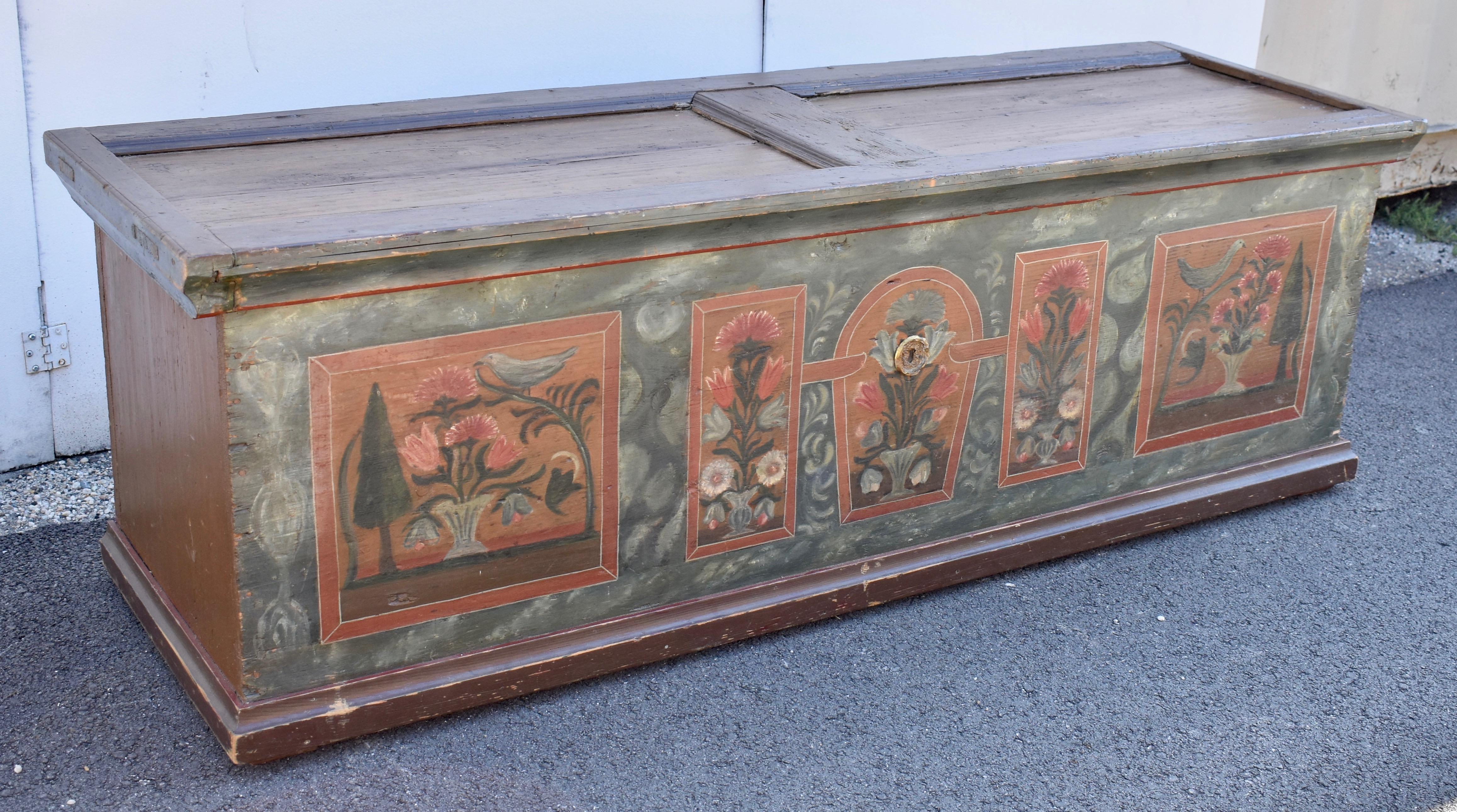 Hand-Painted Pine Trunk or Blanket Chest in Decorative Paint For Sale