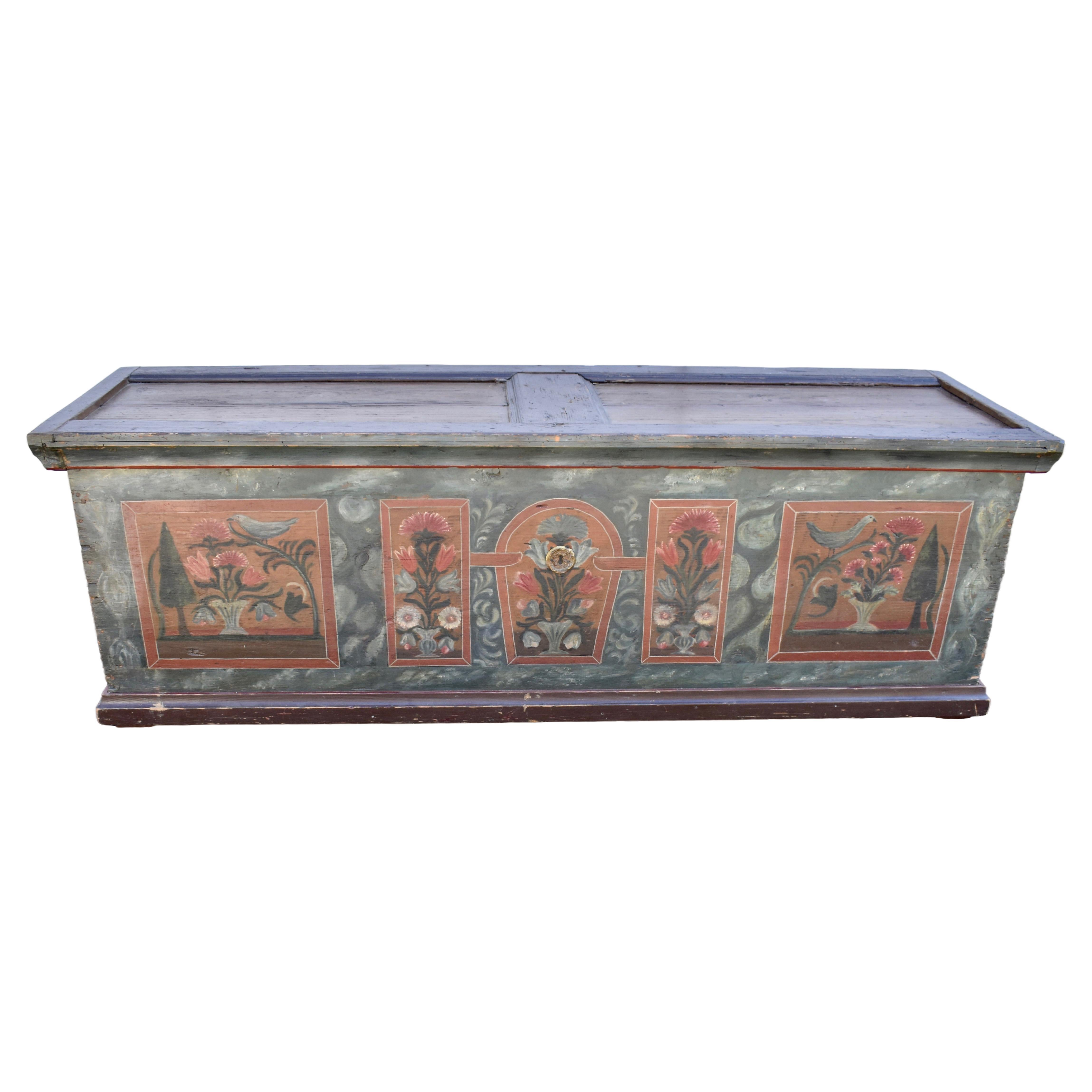 Pine Trunk or Blanket Chest in Decorative Paint For Sale