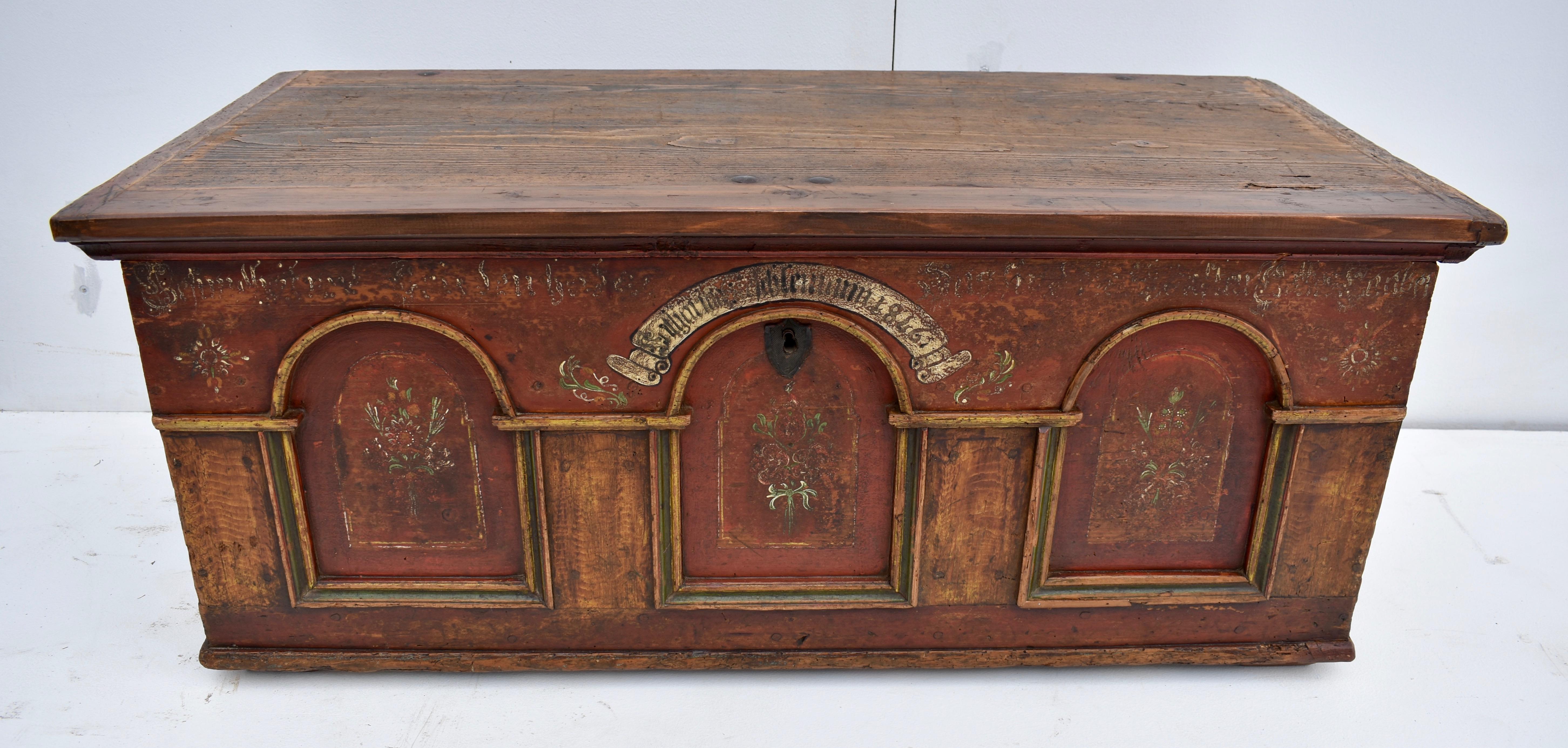 Pine Trunk or Blanket Chest in Original Decorative Paint, Dated 1846 6