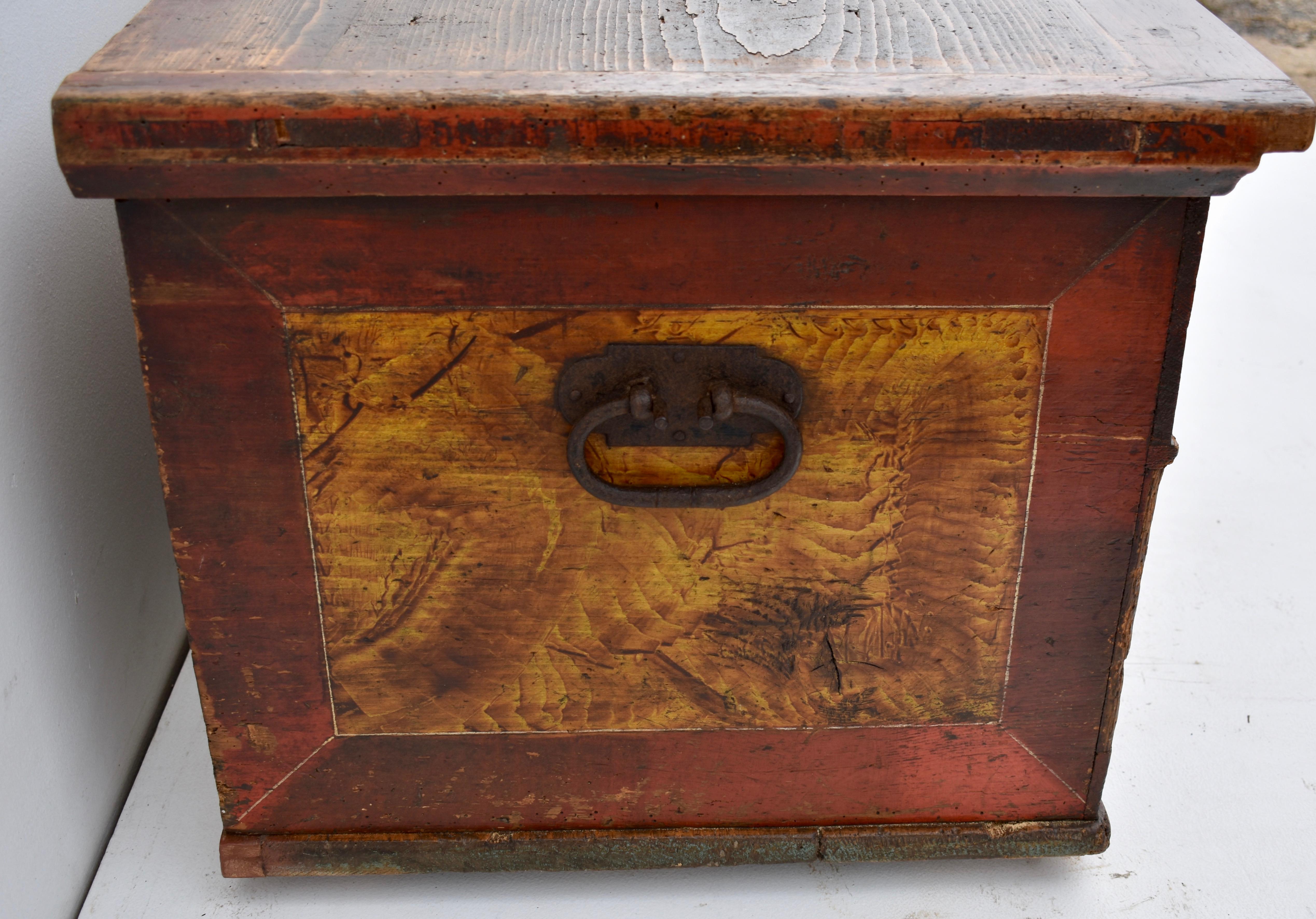 Hand-Painted Pine Trunk or Blanket Chest in Original Decorative Paint, Dated 1846