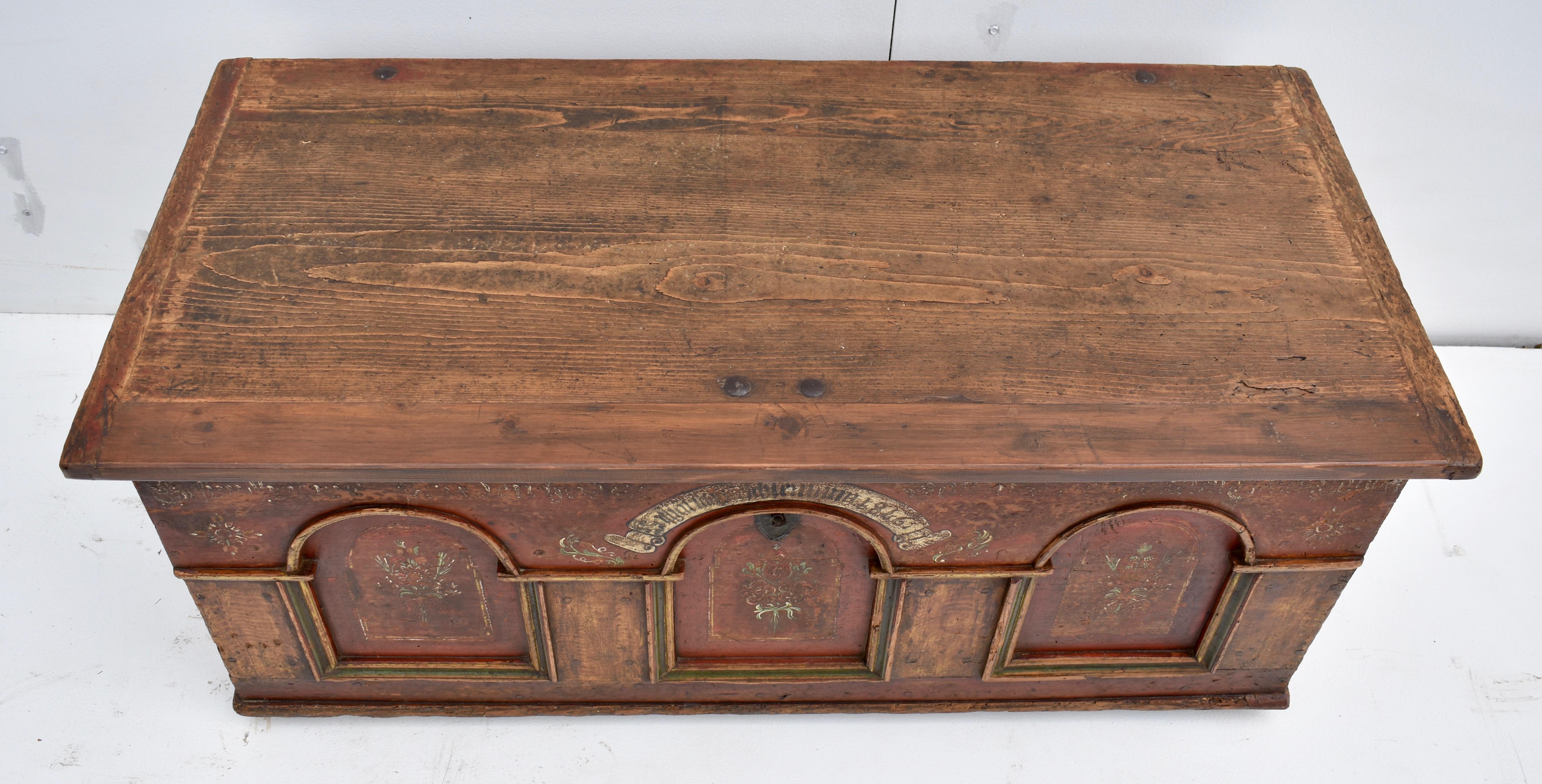 19th Century Pine Trunk or Blanket Chest in Original Decorative Paint, Dated 1846