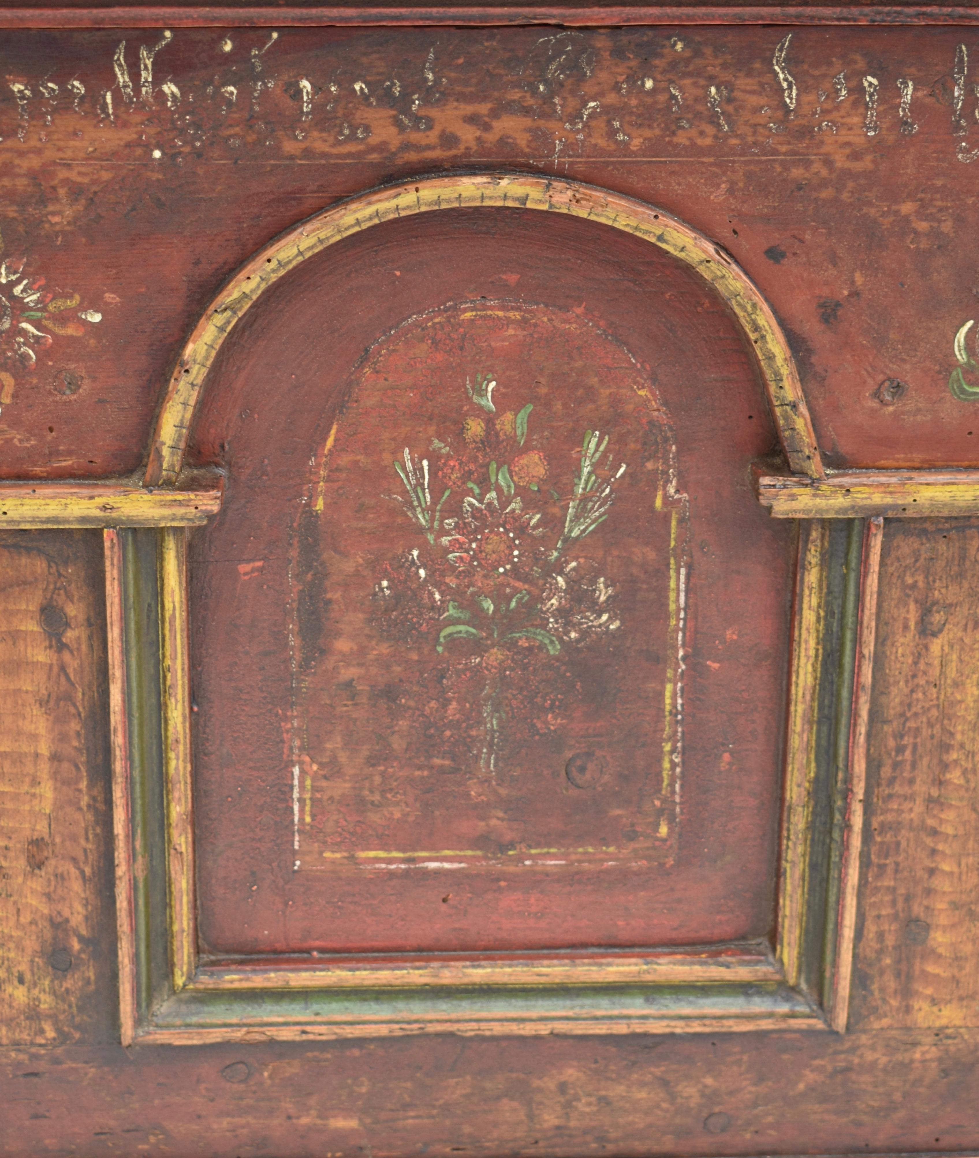 Pine Trunk or Blanket Chest in Original Decorative Paint, Dated 1846 2
