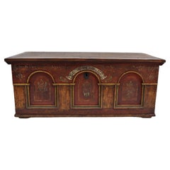 Pine Trunk or Blanket Chest in Original Decorative Paint, Dated 1846