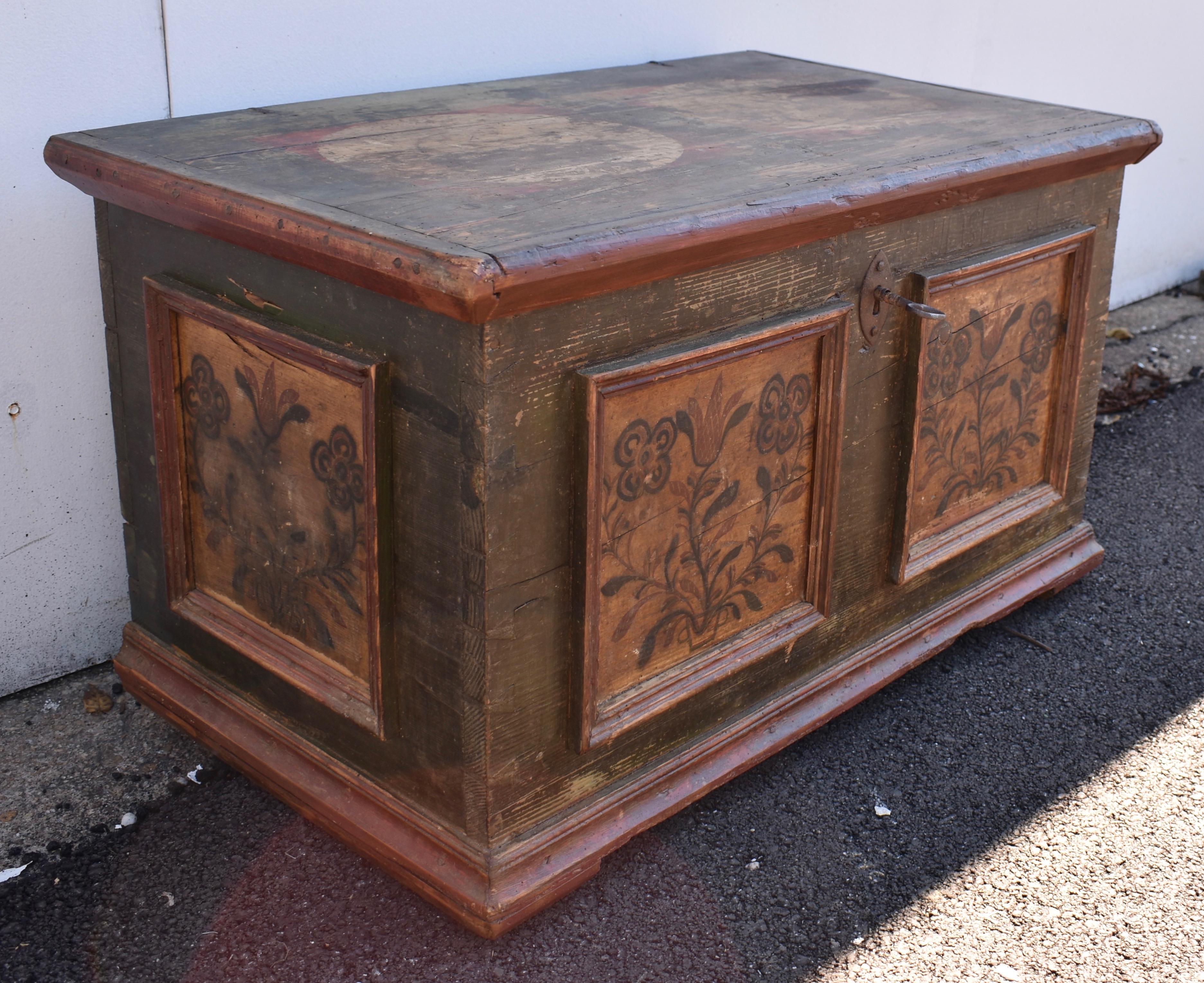 Folk Art Pine Trunk or Blanket Chest in Original Decorative Paint For Sale