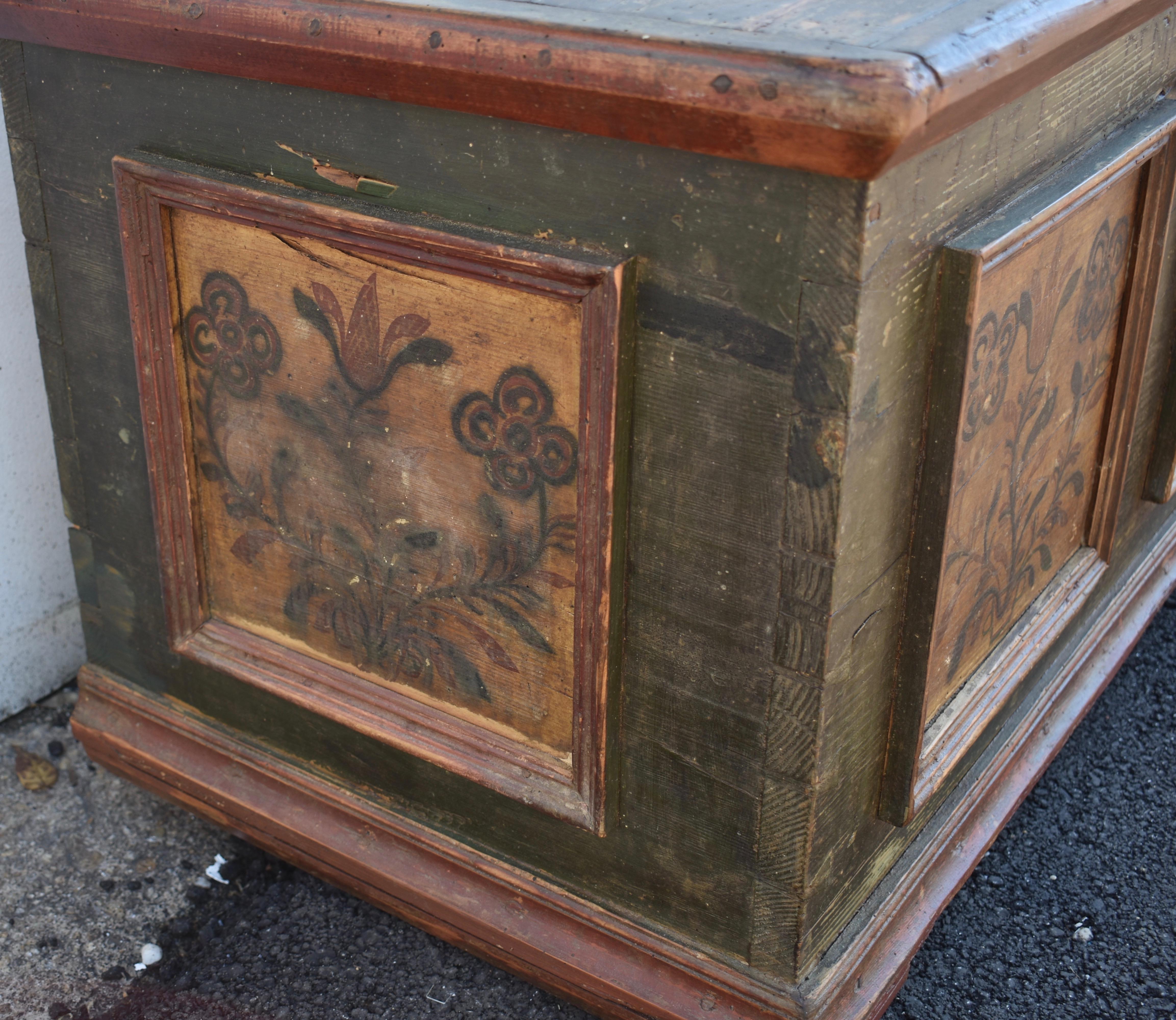 Hungarian Pine Trunk or Blanket Chest in Original Decorative Paint For Sale