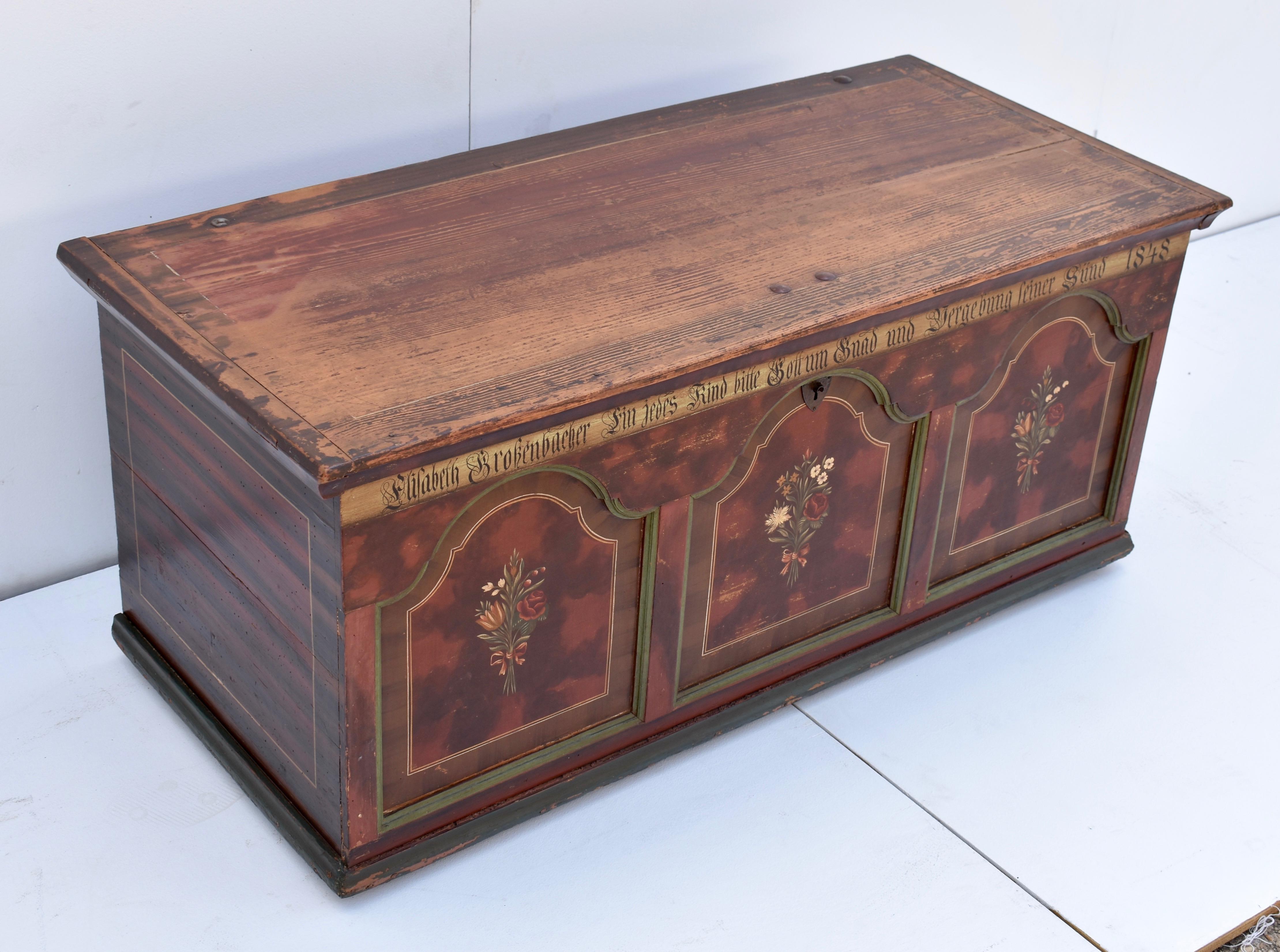 19th Century Pine Trunk or Blanket Chest in Original Decorative Paint For Sale