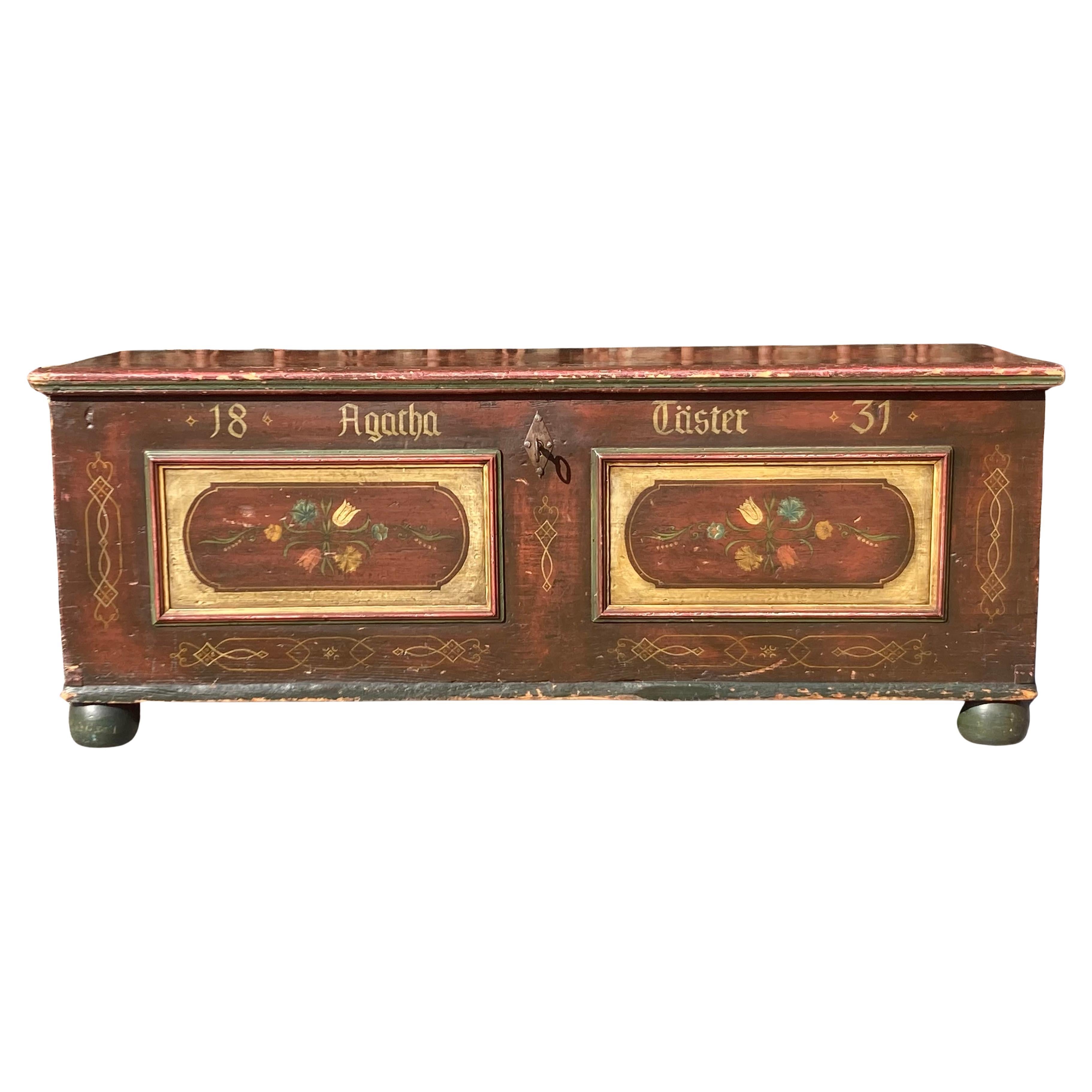 Pine Trunk or Blanket Chest in Original Decorative Paint For Sale