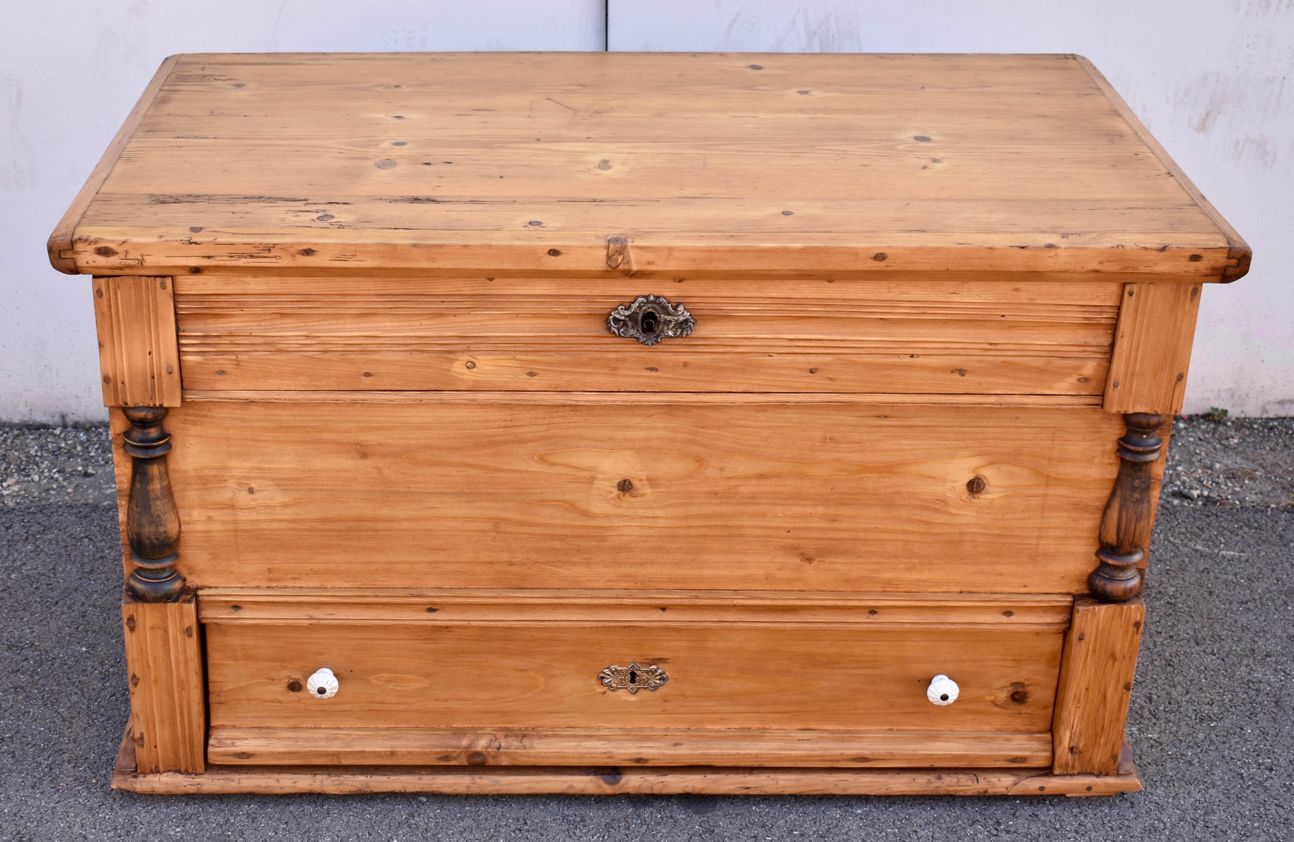 A trunk or blanket chest with a drawer at the bottom is known as a mule chest, probably because it is a cross between a blanket chest and a chest of drawers.  This is a handsome one with all pegged and dovetailed construction and a number of other 