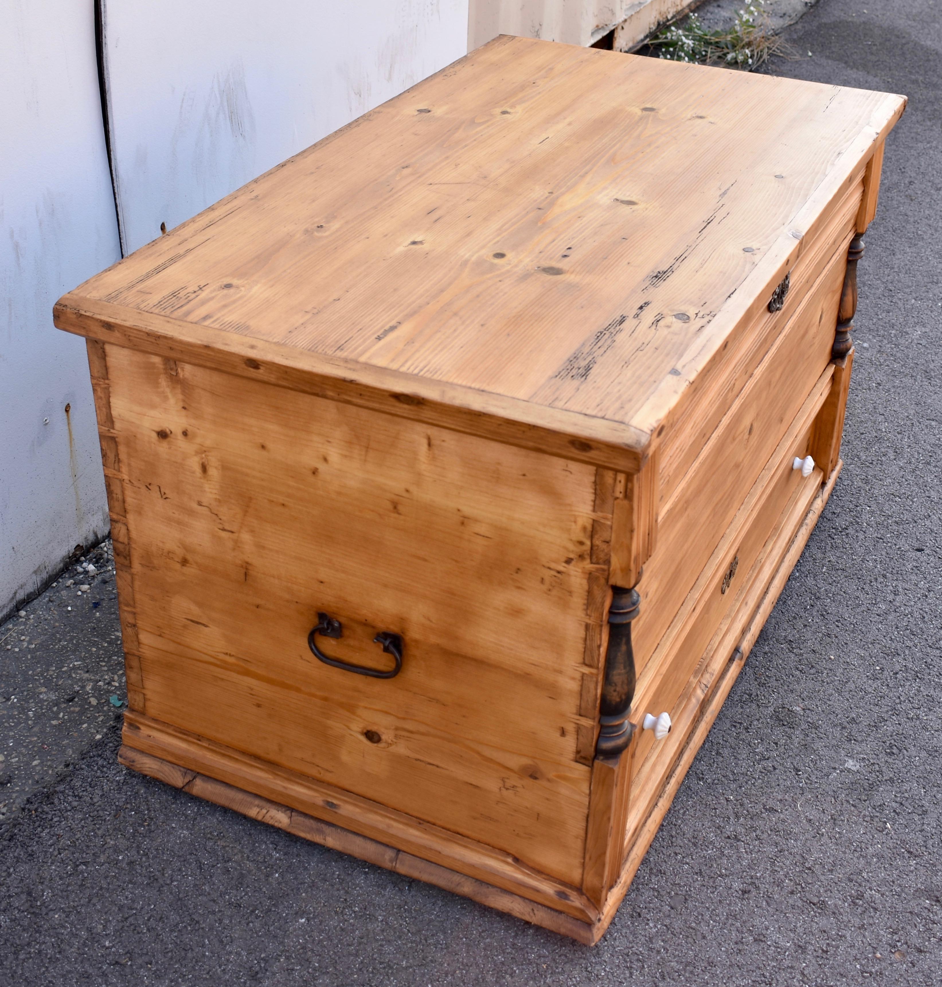 Polished Pine Trunk or Mule Chest For Sale