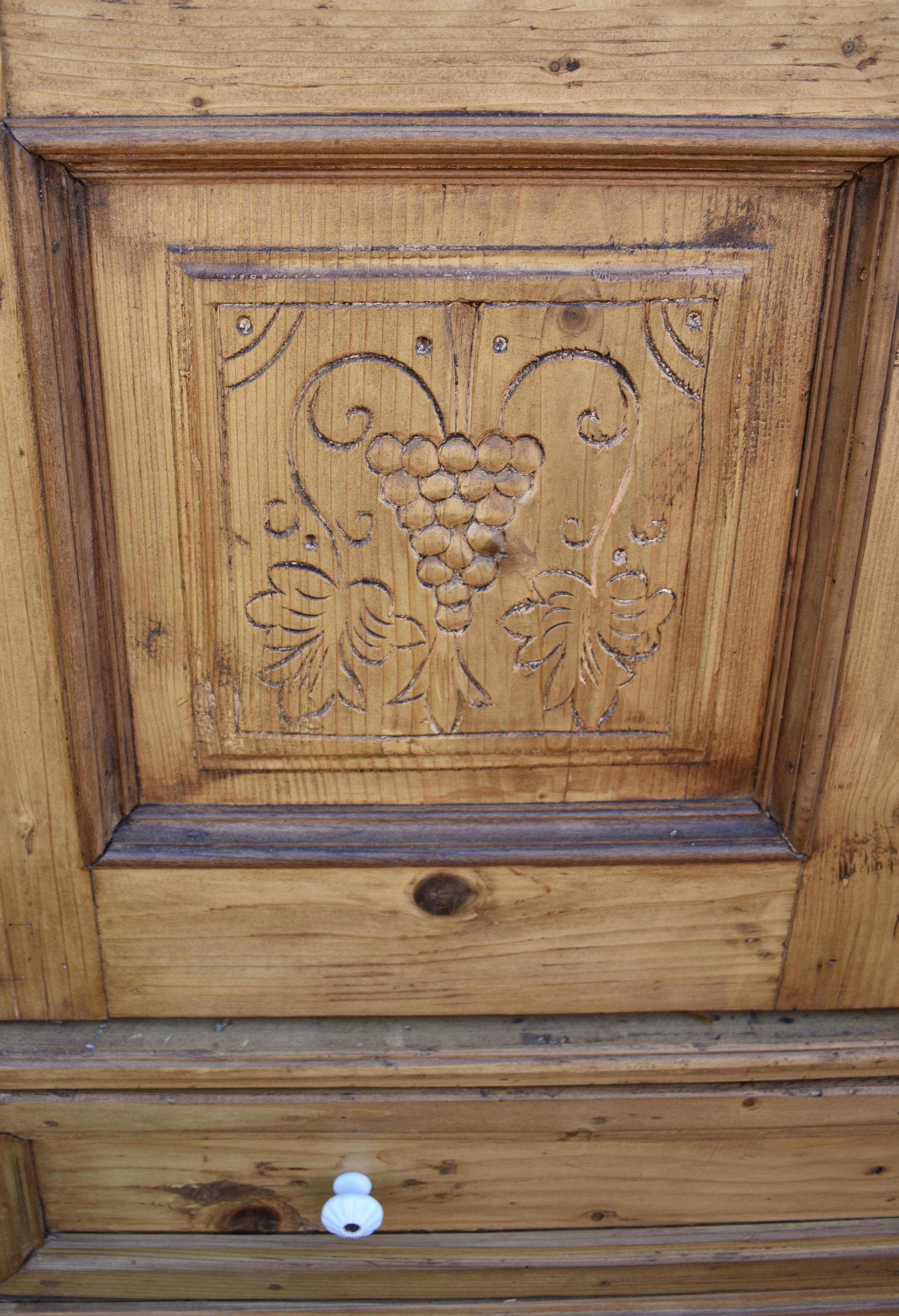 Pine Two Door Armoire with Carved Door Panels For Sale 4