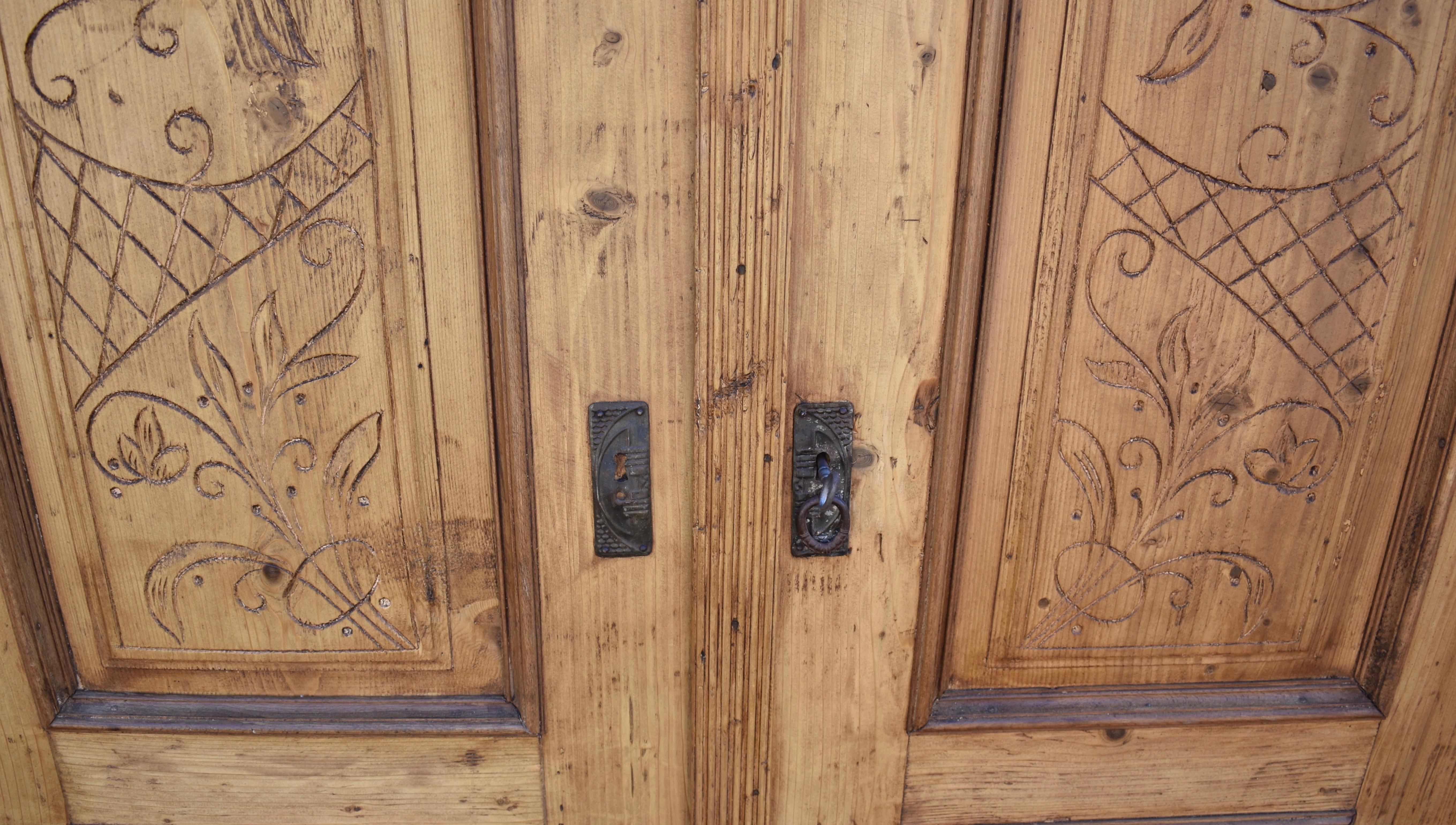 Pine Two Door Armoire with Carved Door Panels For Sale 6