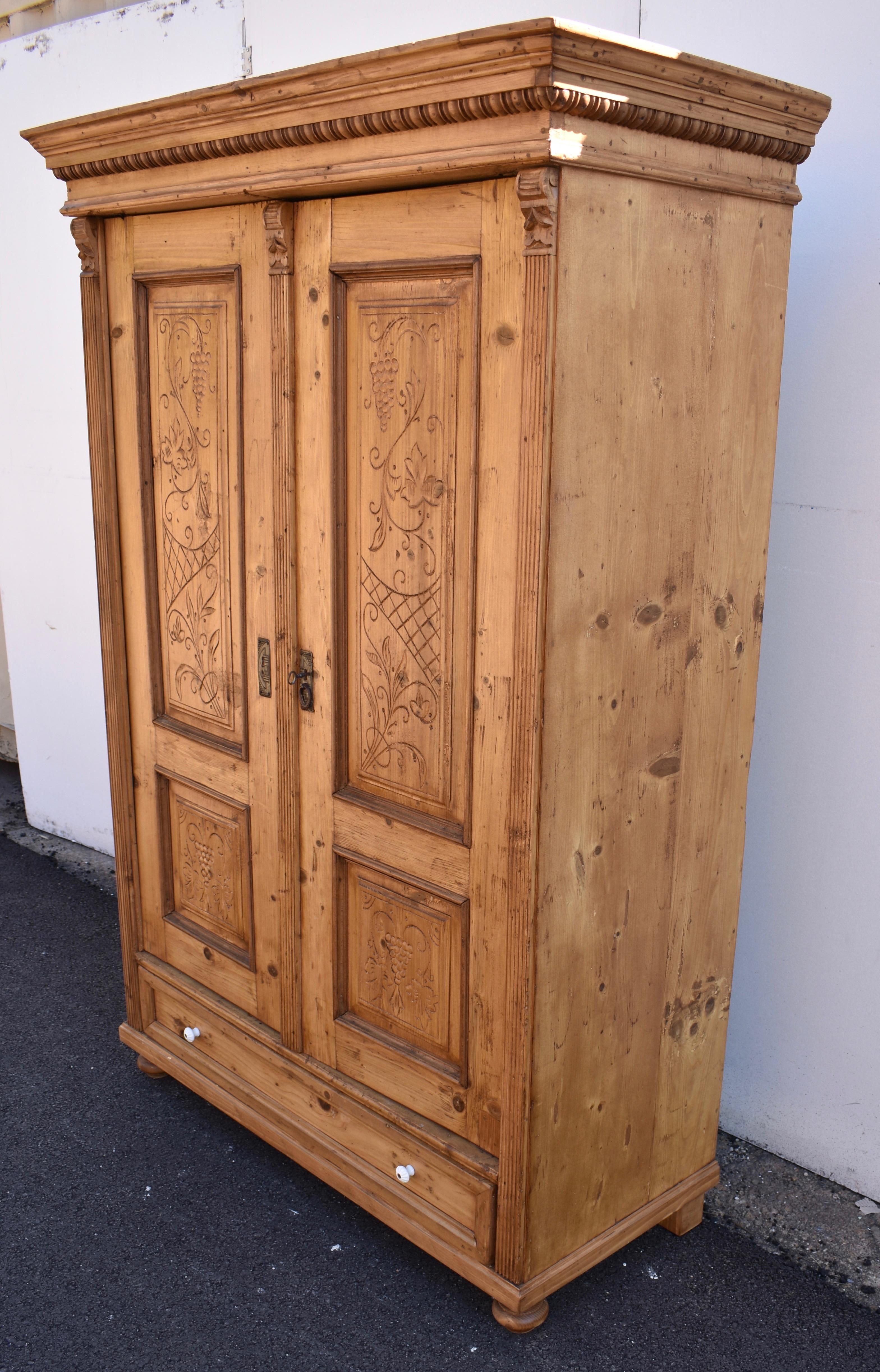 Art Nouveau Pine Two Door Armoire with Carved Door Panels For Sale