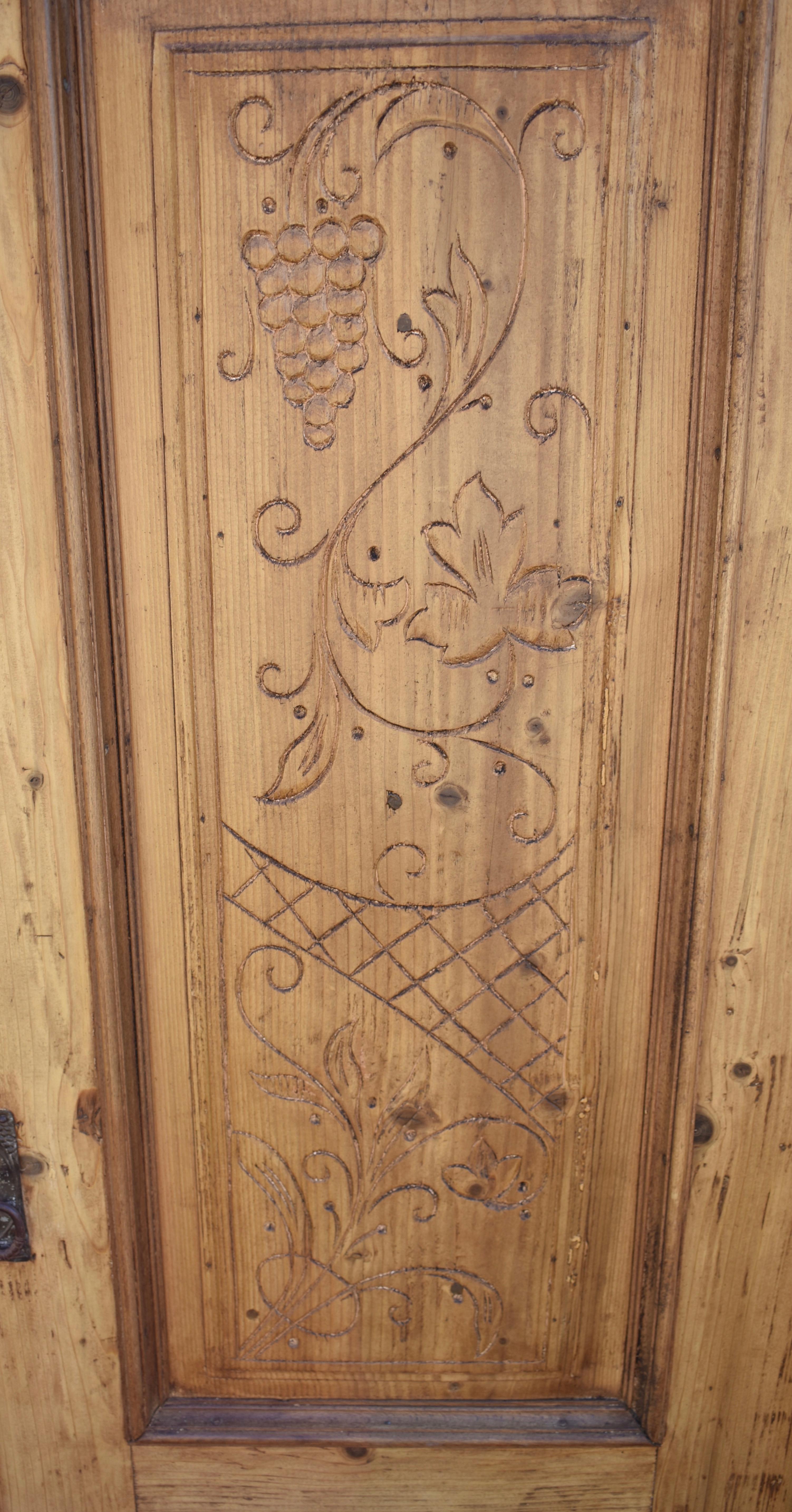 Pine Two Door Armoire with Carved Door Panels For Sale 2