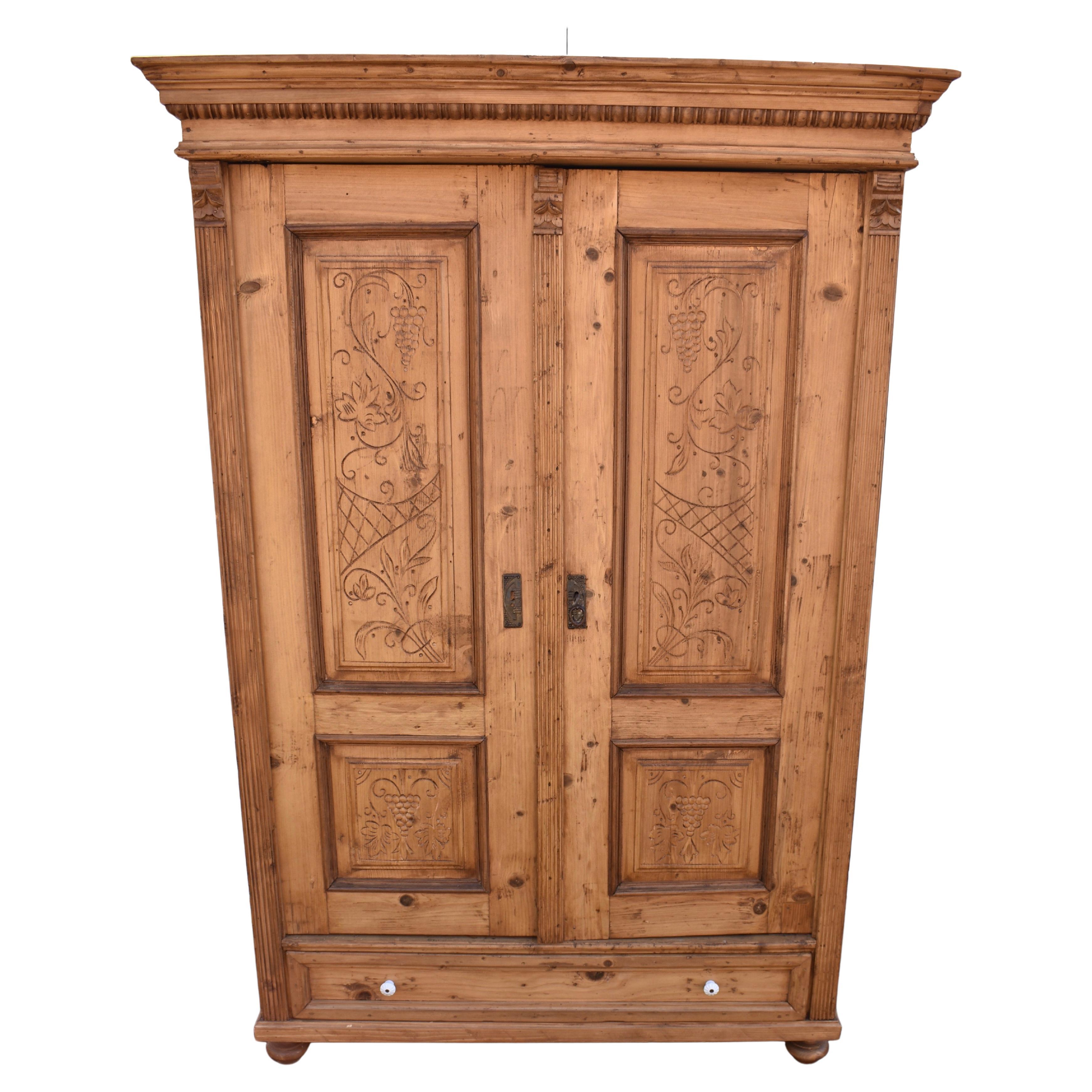 Pine Two Door Armoire with Carved Door Panels For Sale