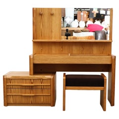 Retro Pine Vanity Set with Cabinet and Stool