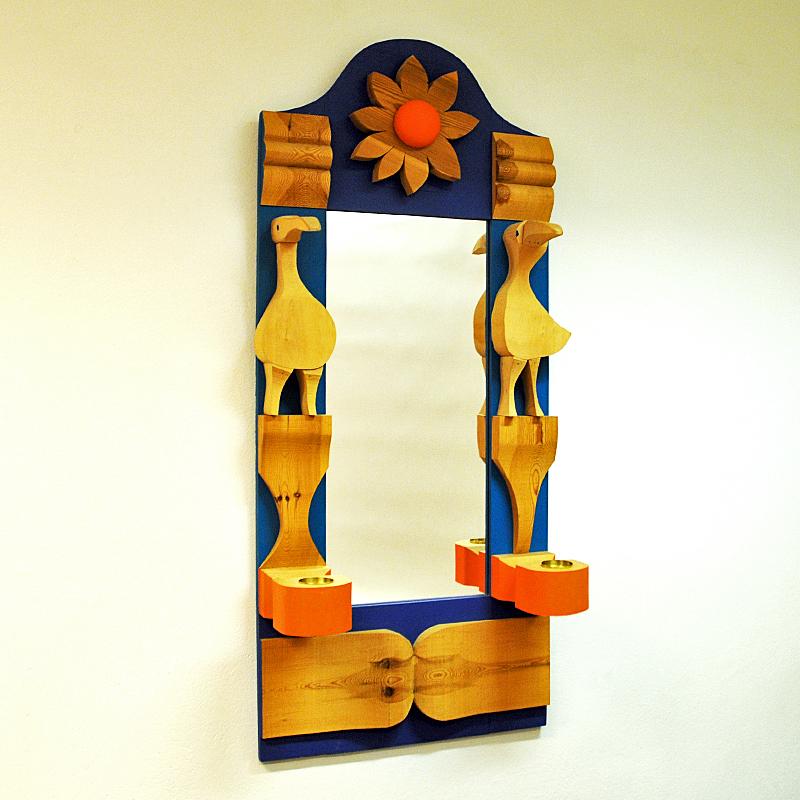 Pine Wallmirror with Decorations by Erik Höglund, Sweden, 1960s In Good Condition In Stockholm, SE