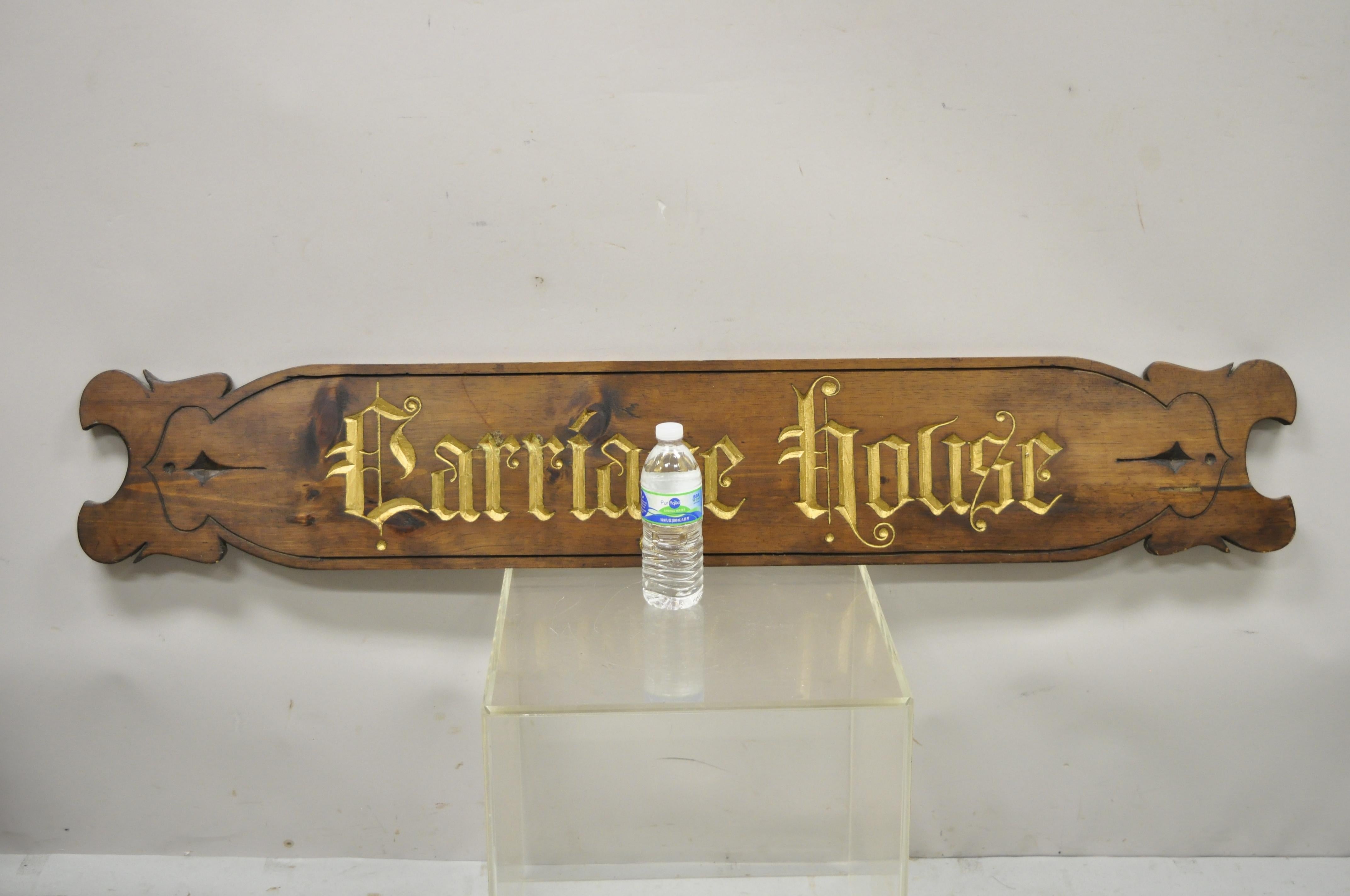 Pine Wood 53 inch Long French Country America Wall Art Carving Carriage House. Item features gold painted details, carved lettering which reads, 