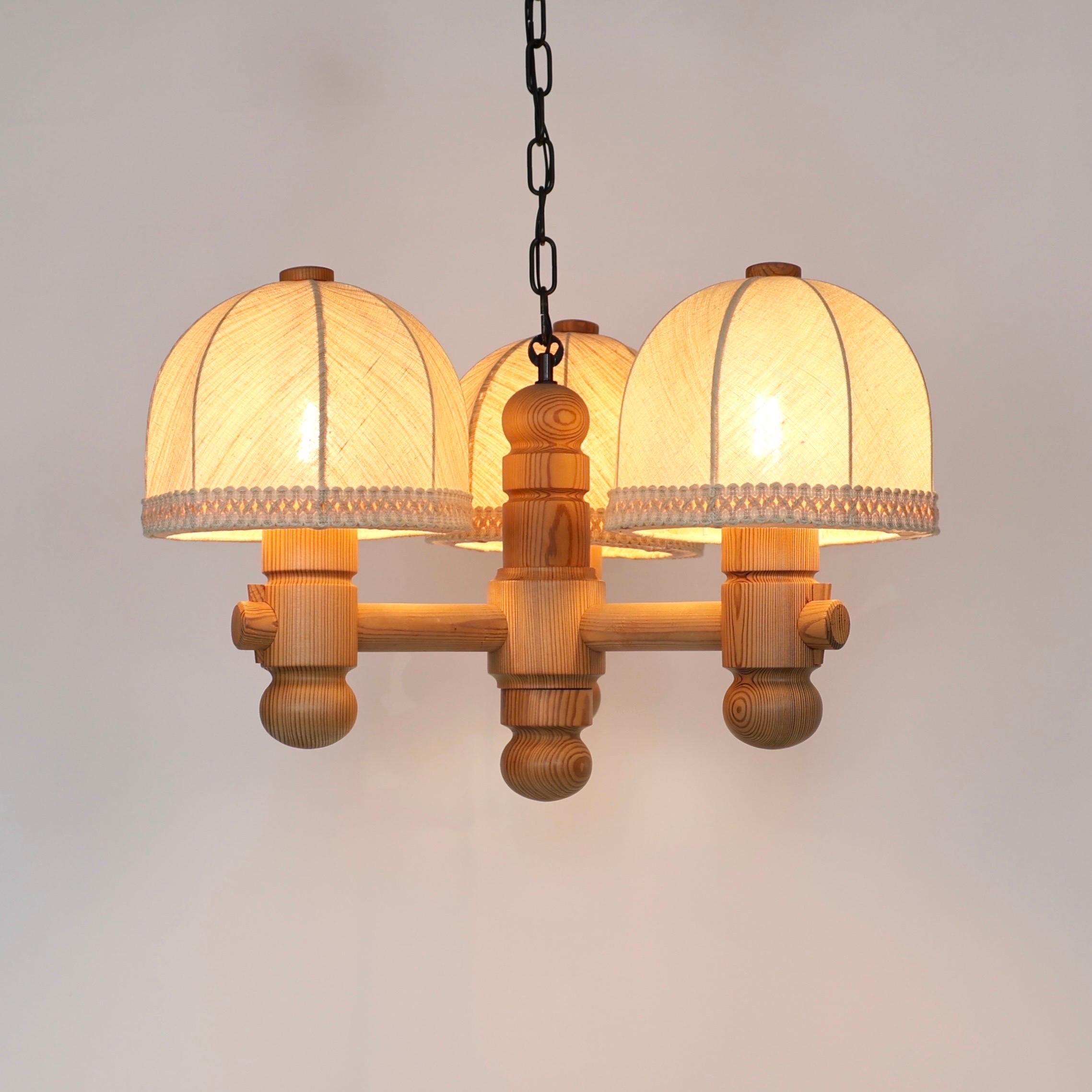 Fabric Pine Wood Chandelier by Jan Wickelgren for Aneta, Sweden, 1970s For Sale