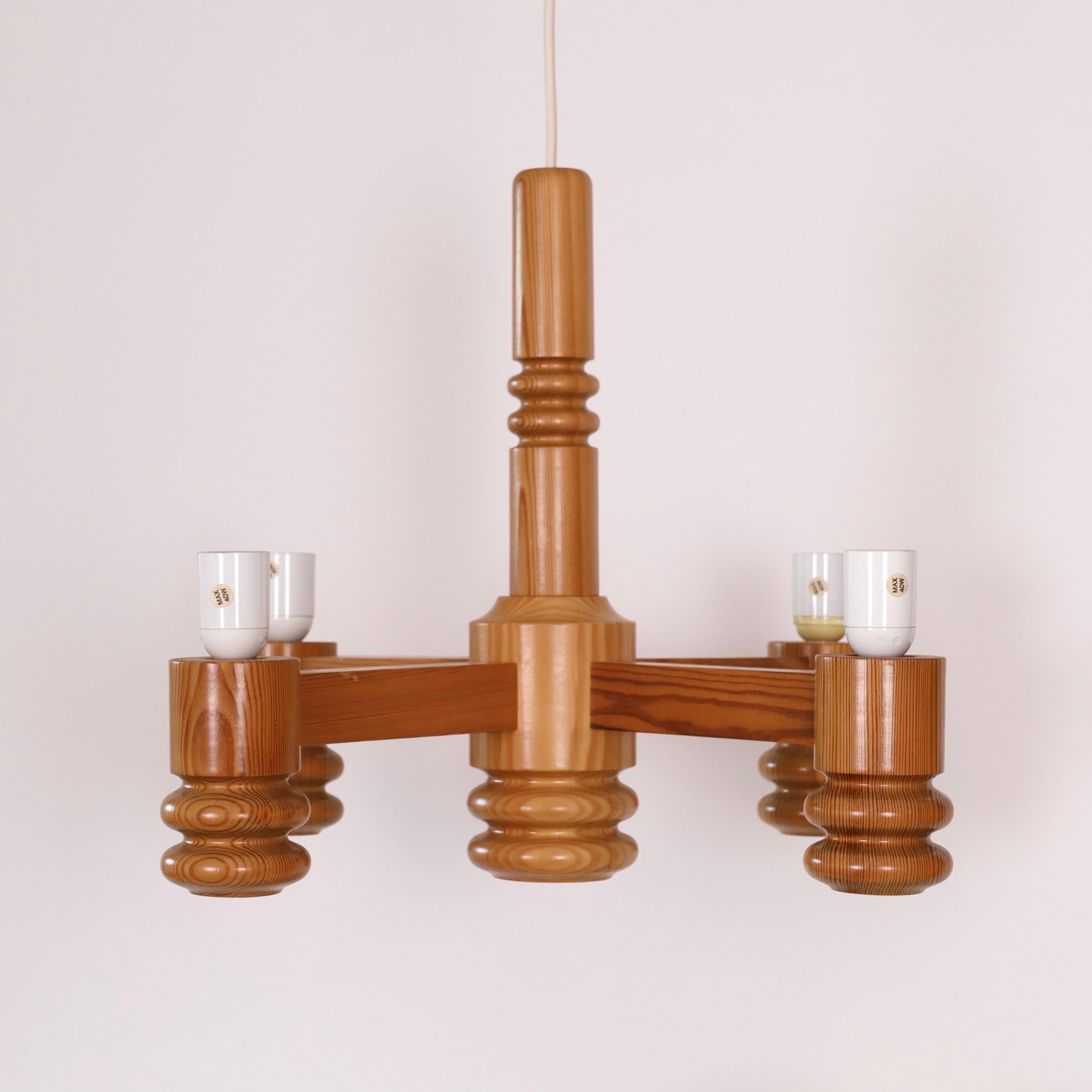 Pine Wood Chandelier by Solbackens Svarveri, Sweden, 1970s 4
