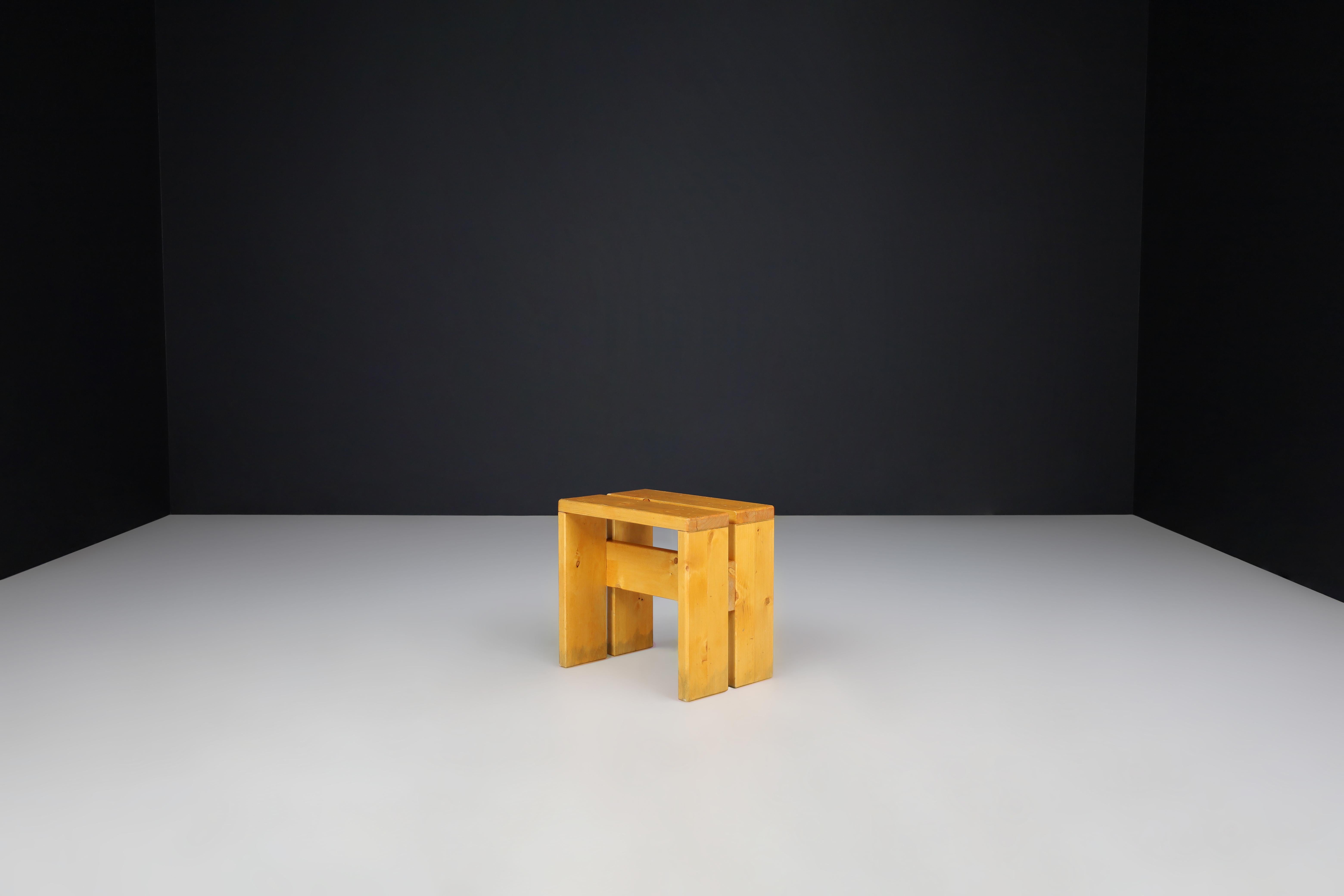 Pine Wood Charlotte Perriand Stool for Les Arcs, France, 1960s

This pine wood stool was designed by Charlotte Perriand for the Les Arcs ski resort in France around 1960. It is a simple and iconic design, with clean lines typical of Perriand's work.