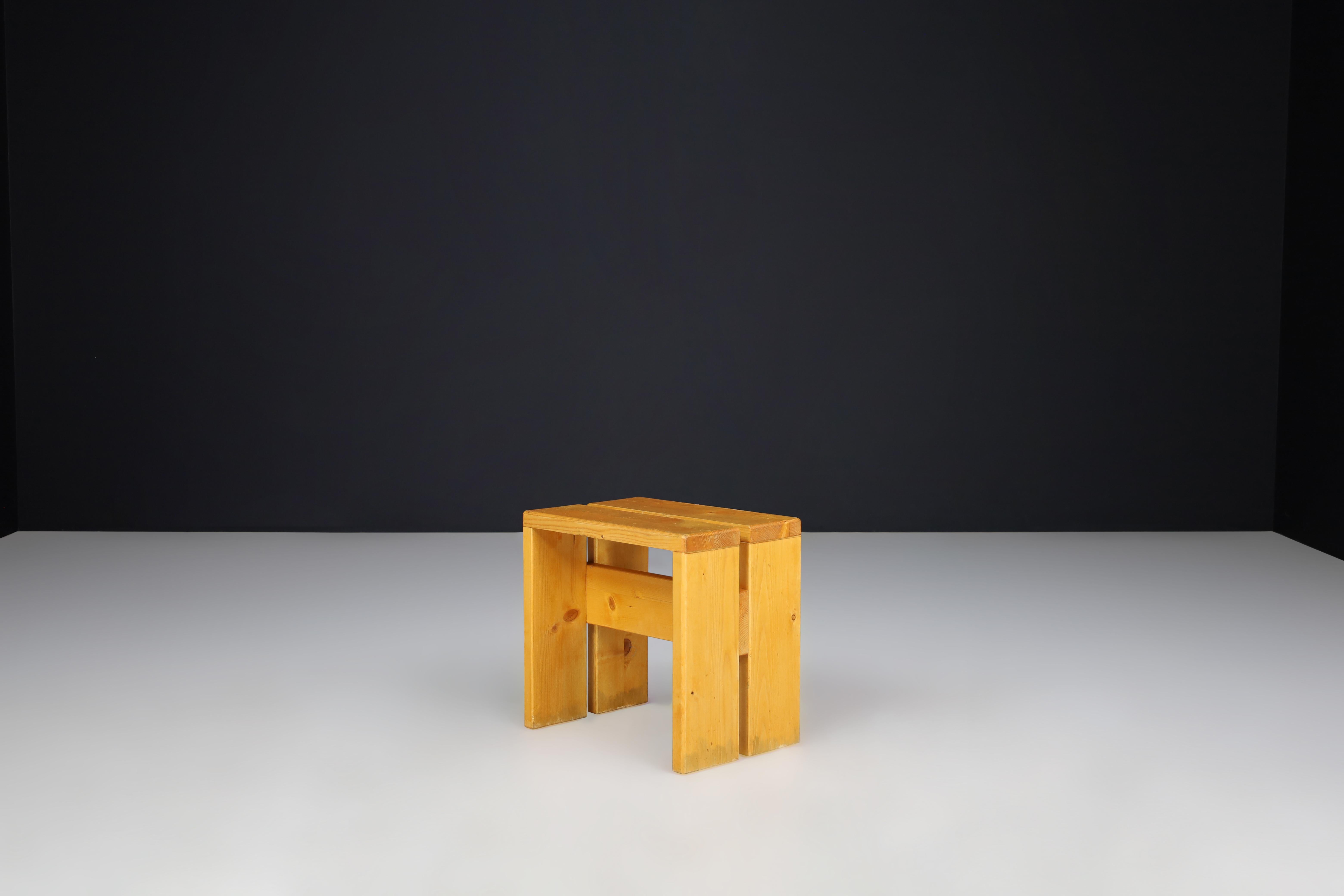 Mid-Century Modern Pine Wood Charlotte Perriand Stool for Les Arcs, France, 1960s For Sale