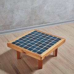 Pine Wood Coffee Table with Blue Ceramic Tile Top, Denmark 1970s