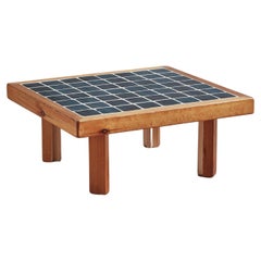 Pine Wood Coffee Table with Blue Ceramic Tile Top, Denmark 1970s