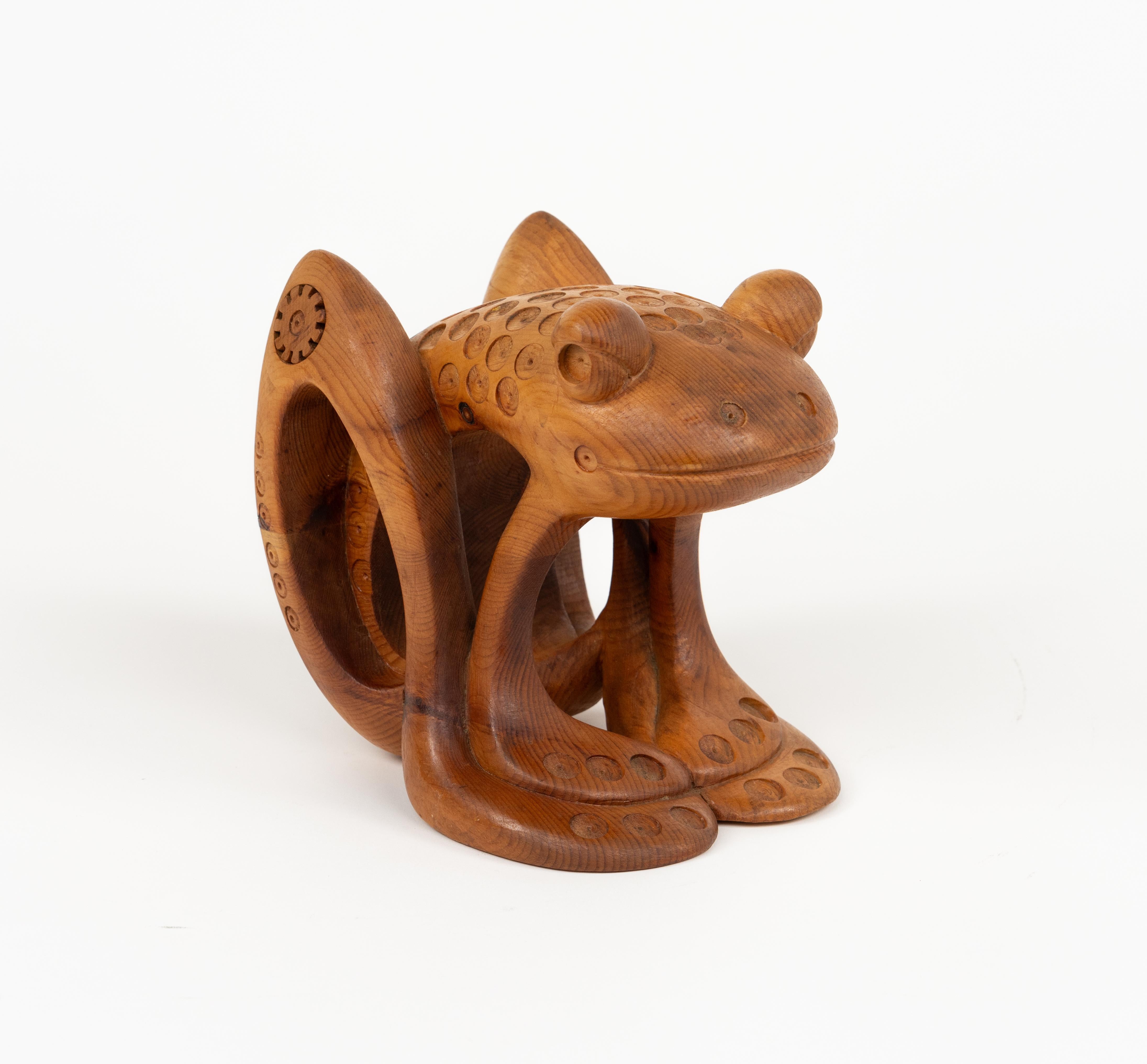 Pine Wood Decorative Sculpture Shape Frog by Ferdinando Codognotto, Italy 2001 For Sale 7