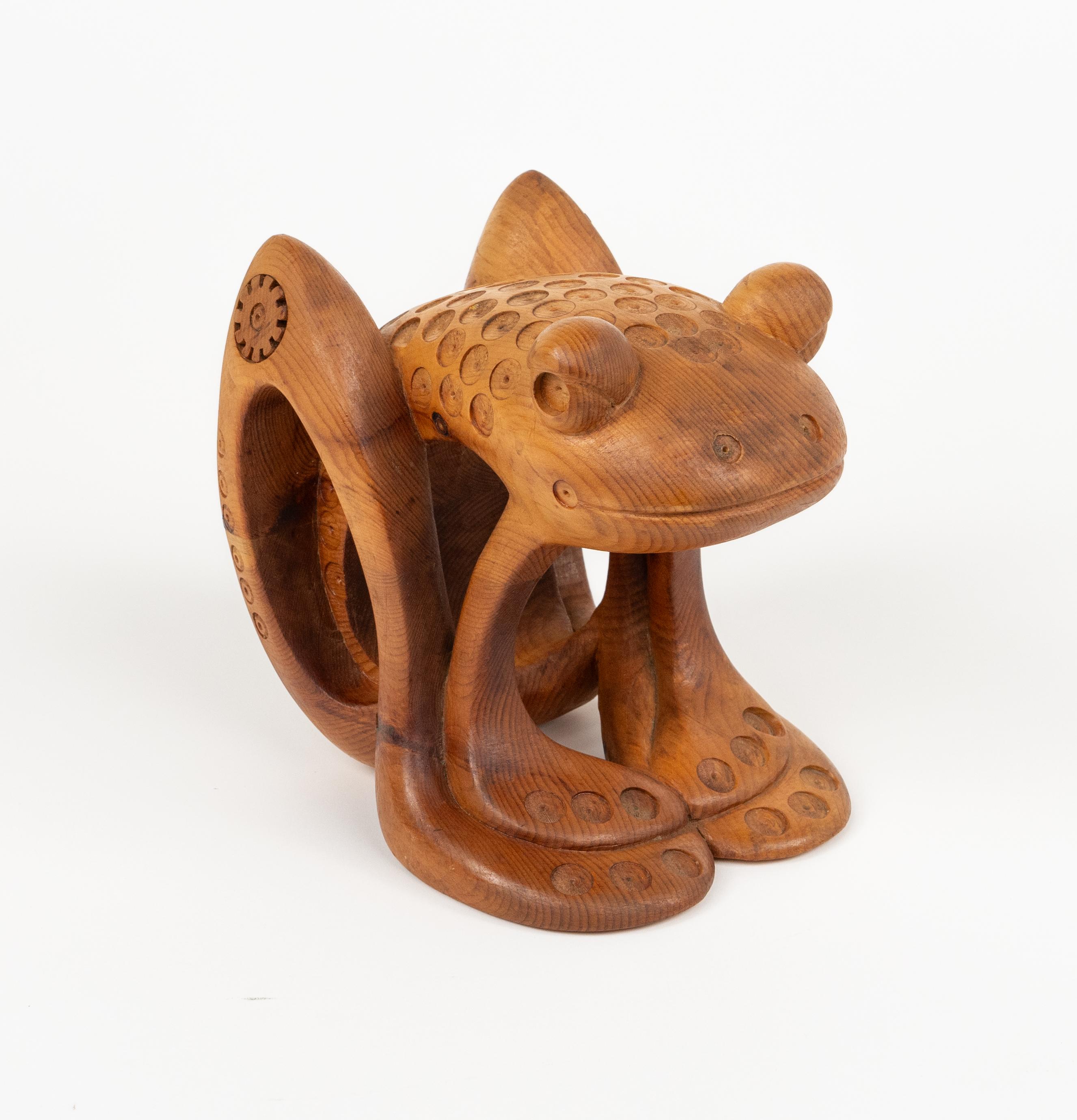 Italian Pine Wood Decorative Sculpture Shape Frog by Ferdinando Codognotto, Italy 2001 For Sale