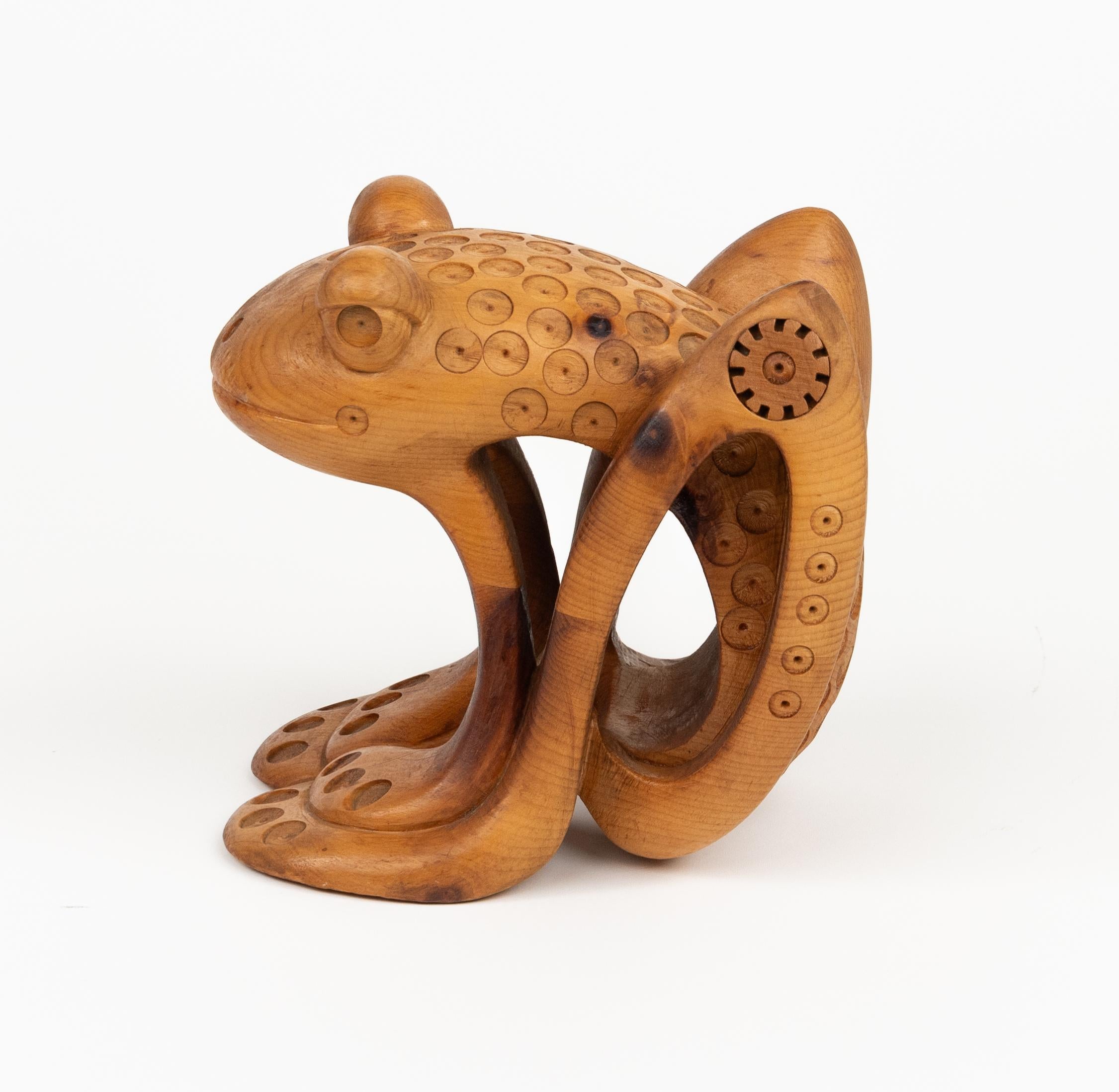 Contemporary Pine Wood Decorative Sculpture Shape Frog by Ferdinando Codognotto, Italy 2001 For Sale