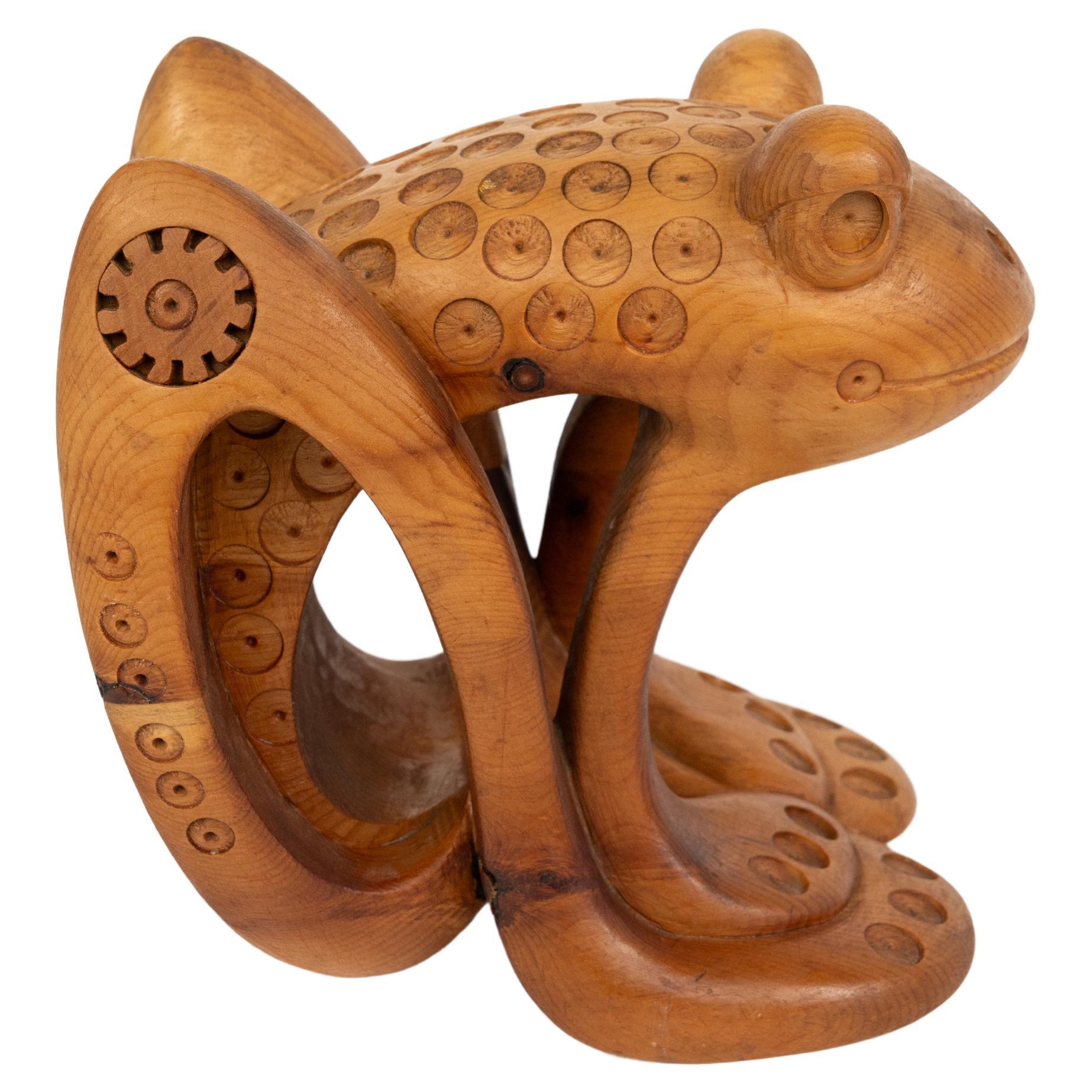 Pine Wood Decorative Sculpture Shape Frog by Ferdinando Codognotto, Italy 2001 For Sale