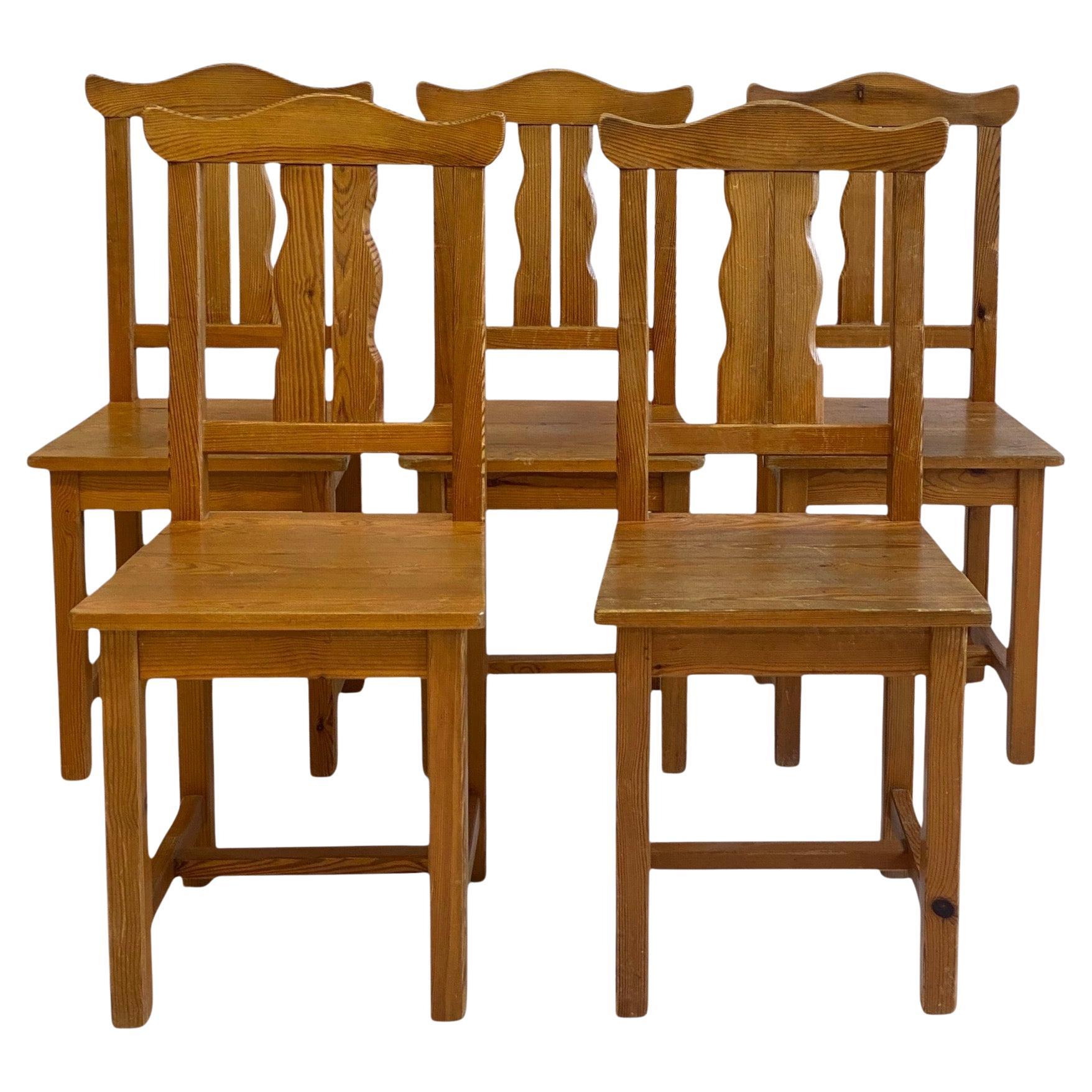 Pine Wood Dining Chairs, 1970s, Sweden, Set of 5