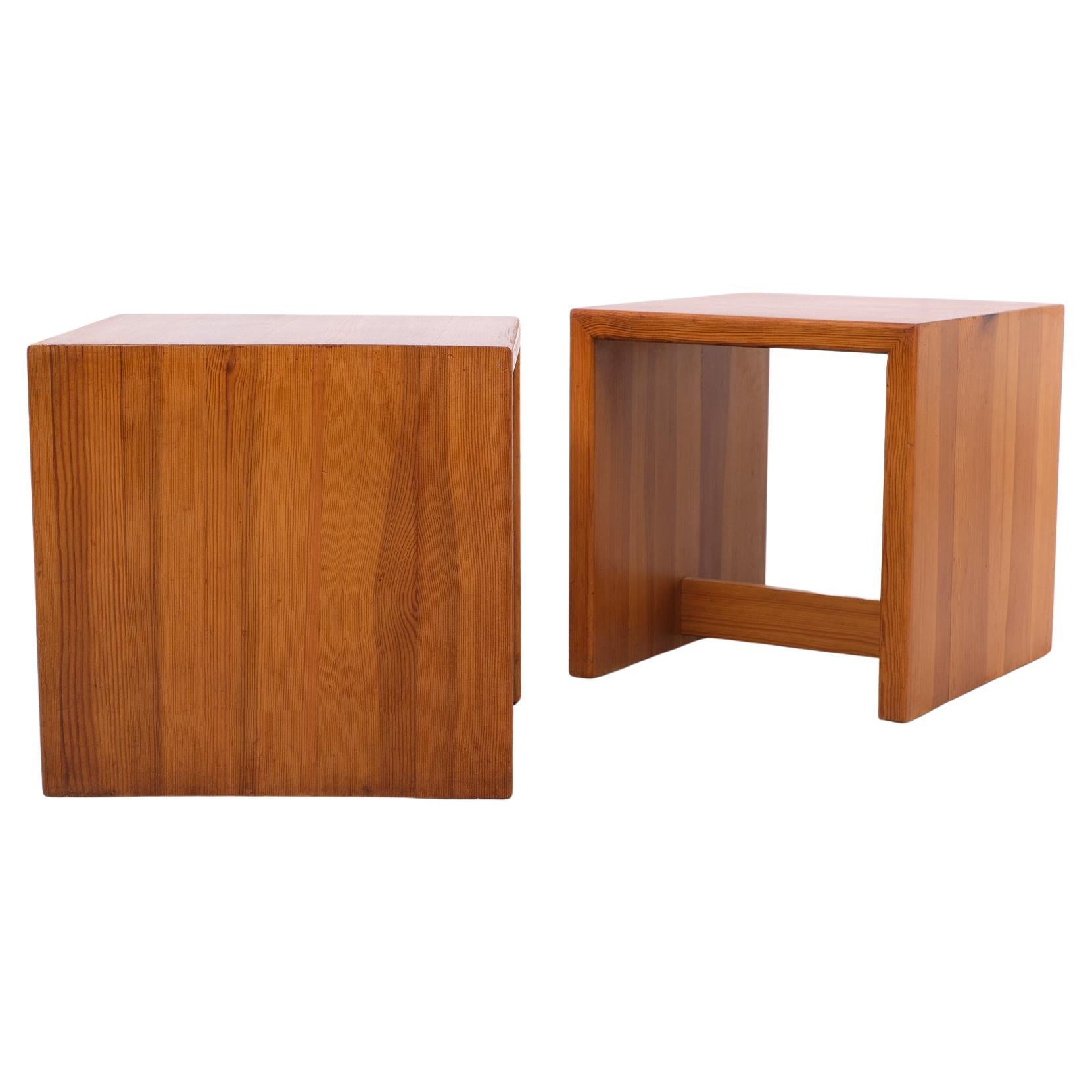 Very nice set of identical side tables or Nightstands. Executed in 
solid Pine. Charlotte Perriand in style. 1960s Nice warm color.