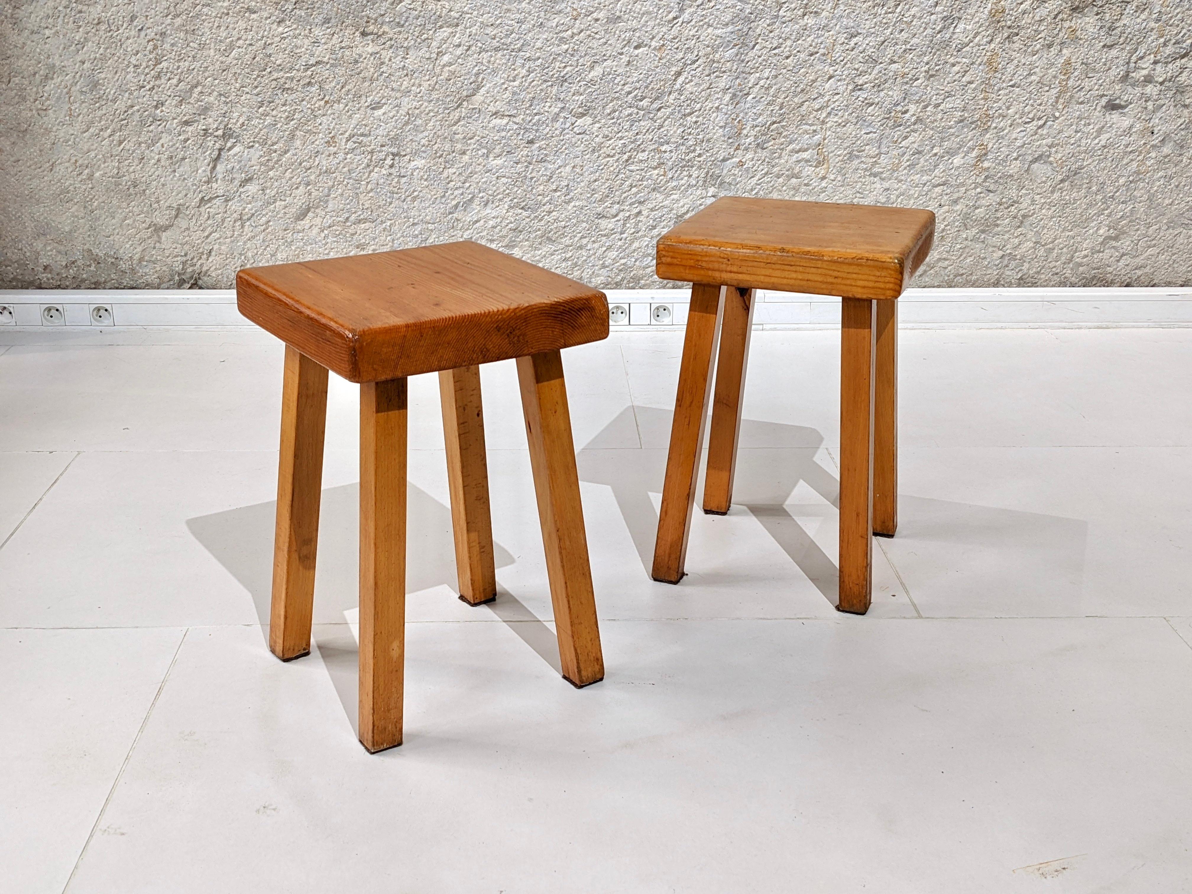 French Pine Wood Stool by Charlotte Perriand for Les Arcs 1800 For Sale