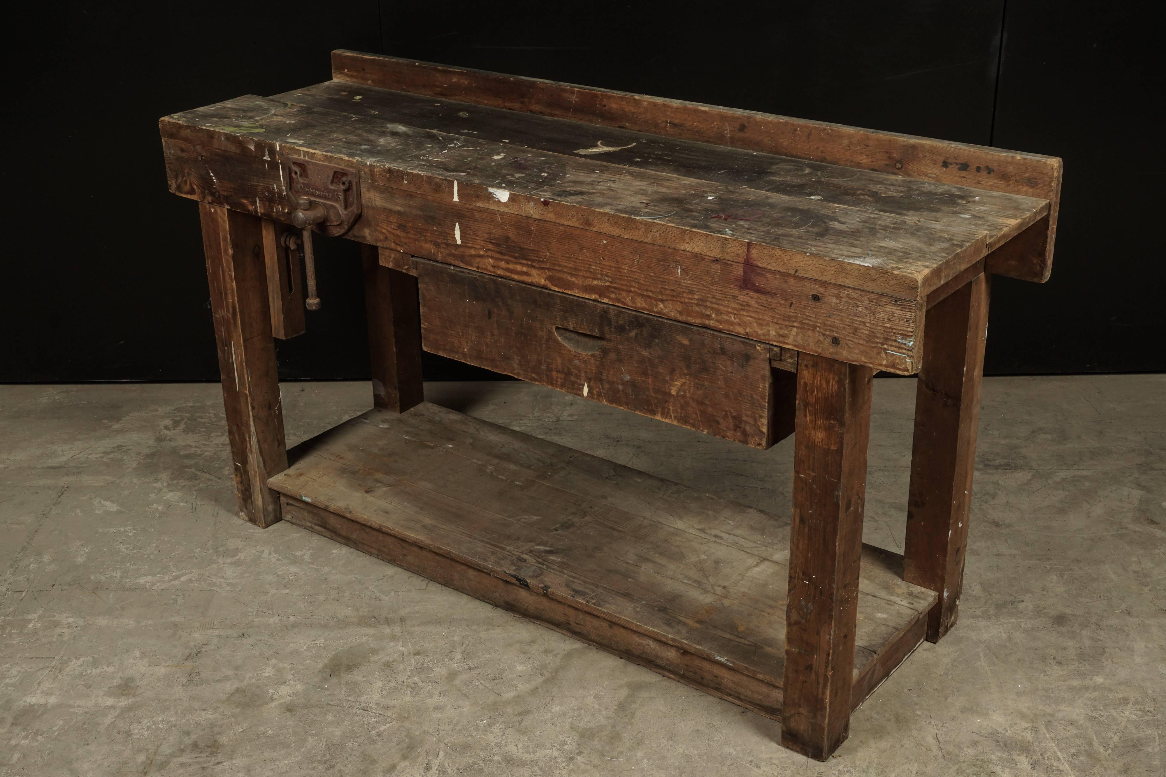 Pine work console from France, circa 1930. Fantastic patina and surface. Working clamp.