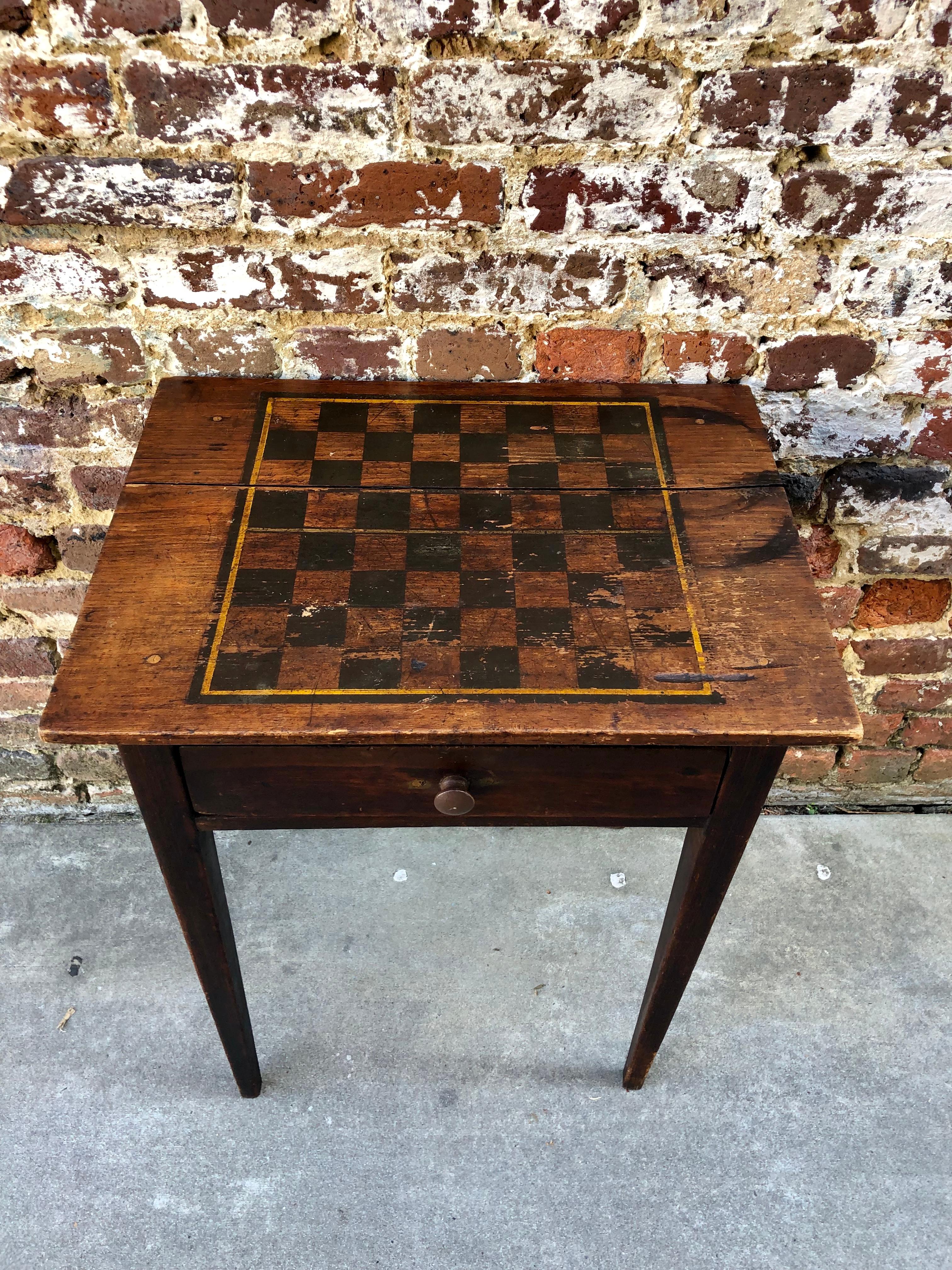 American Pine Work Table with Tapered Leg and Checkerboard Painted Top For Sale