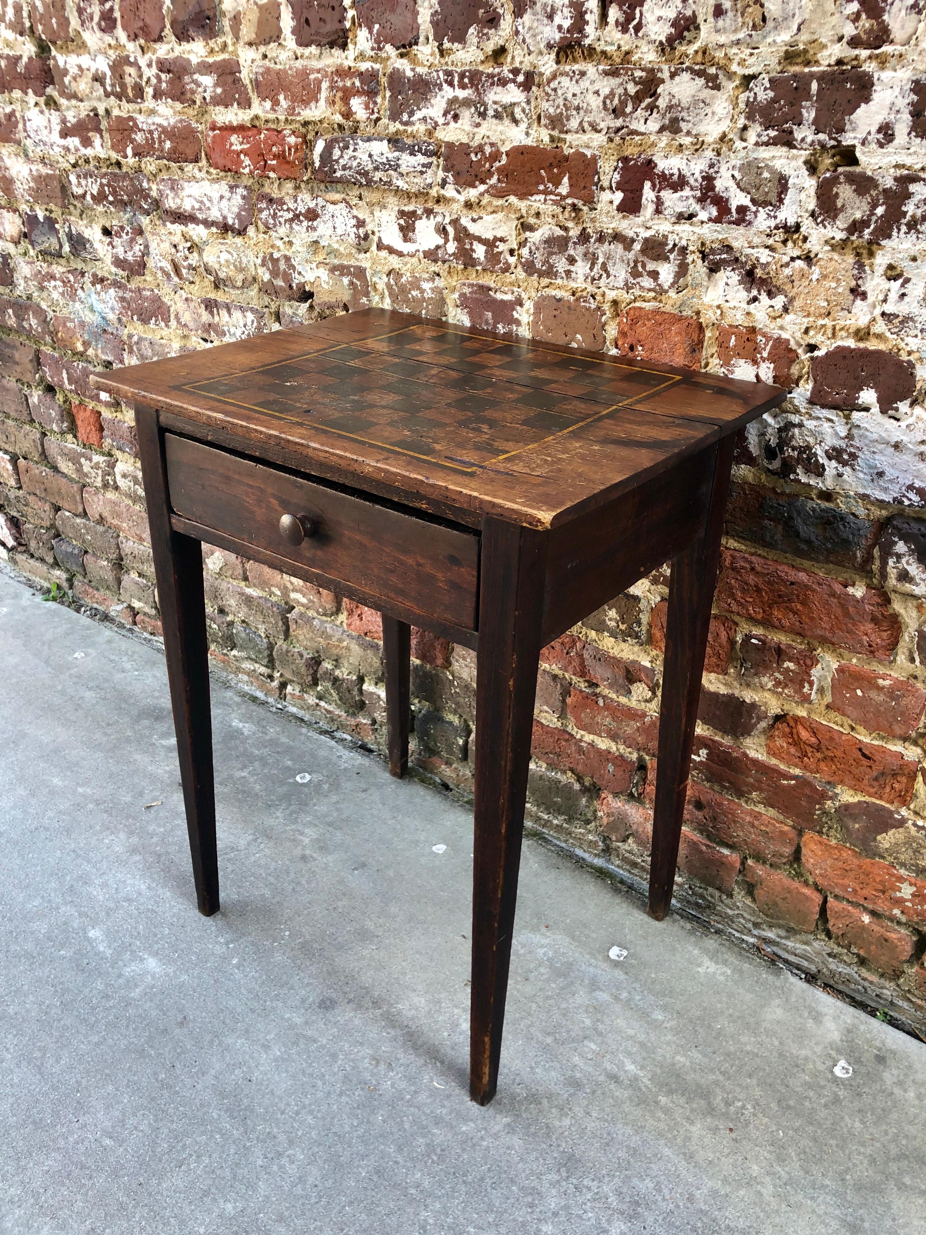 19th Century Pine Work Table with Tapered Leg and Checkerboard Painted Top For Sale