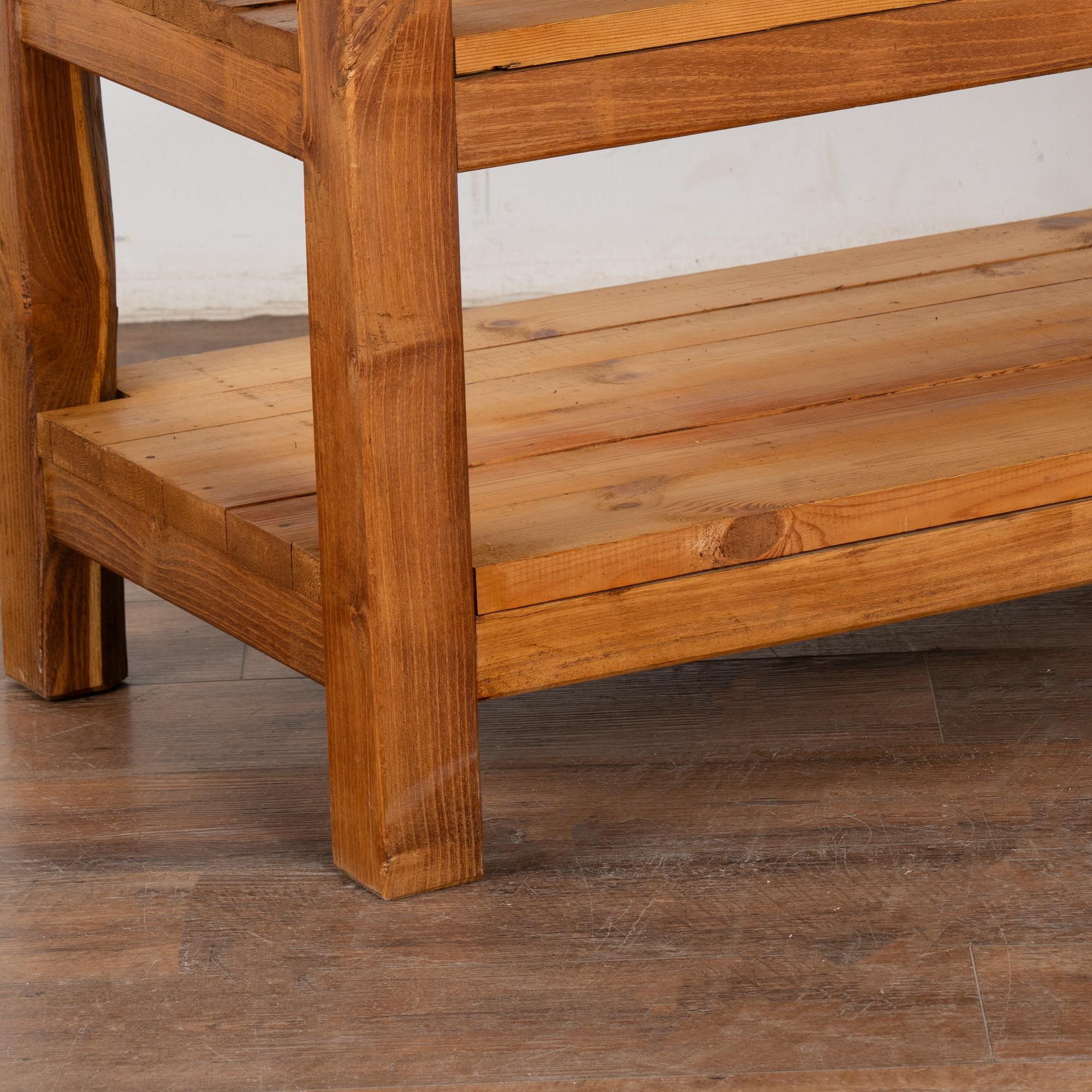 Pine Worktable Small Kitchen Island Console with Two Shelves, Hungary Circa 1940 4