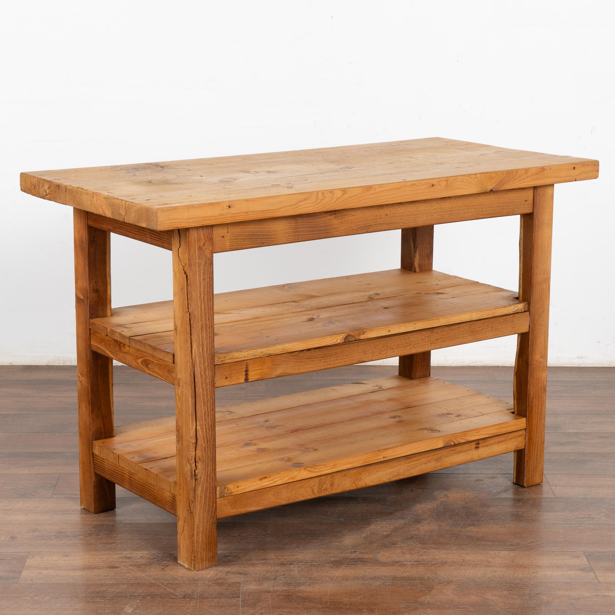 Pine Worktable Small Kitchen Island Console with Two Shelves, Hungary Circa 1940 5