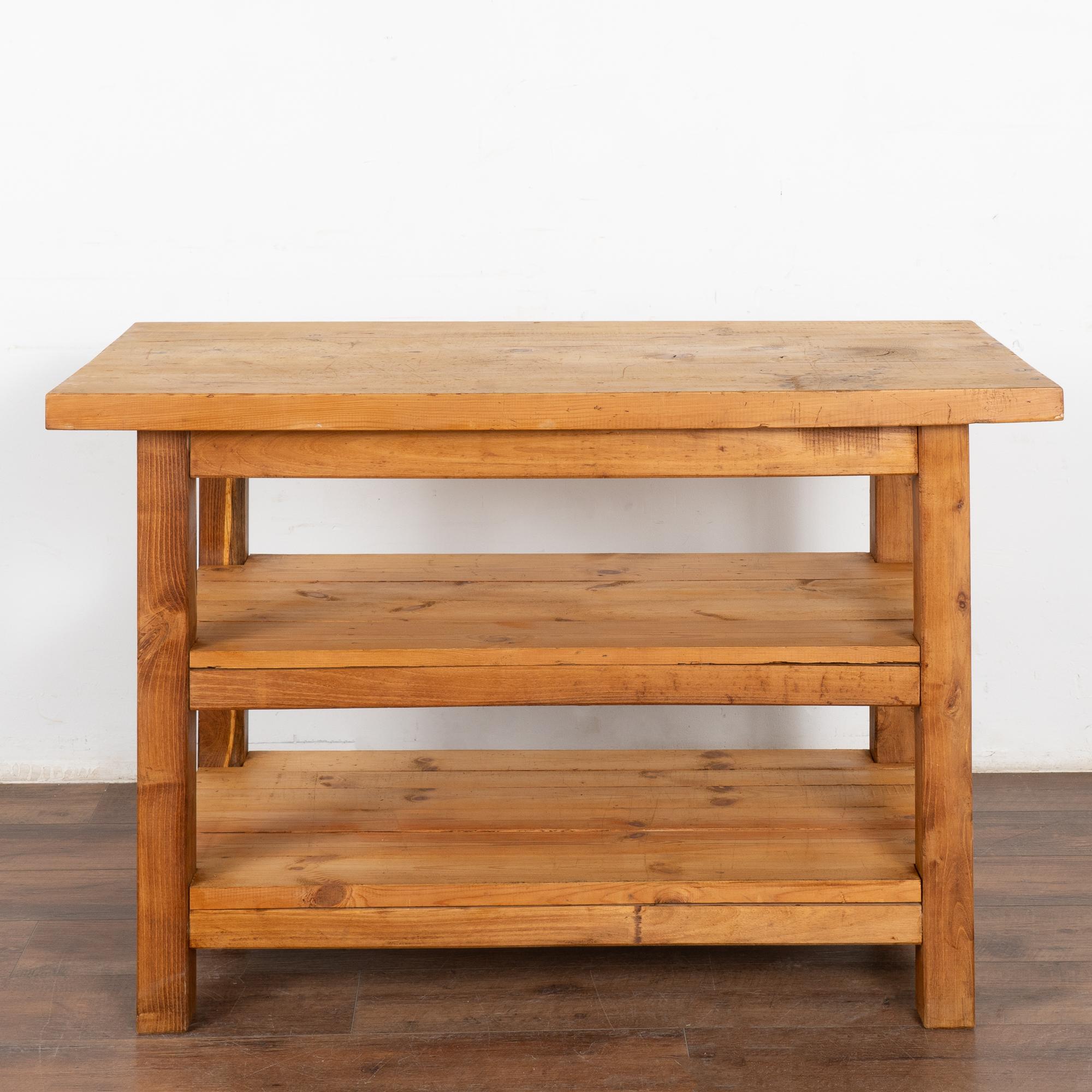 Country Pine Worktable Small Kitchen Island Console with Two Shelves, Hungary Circa 1940