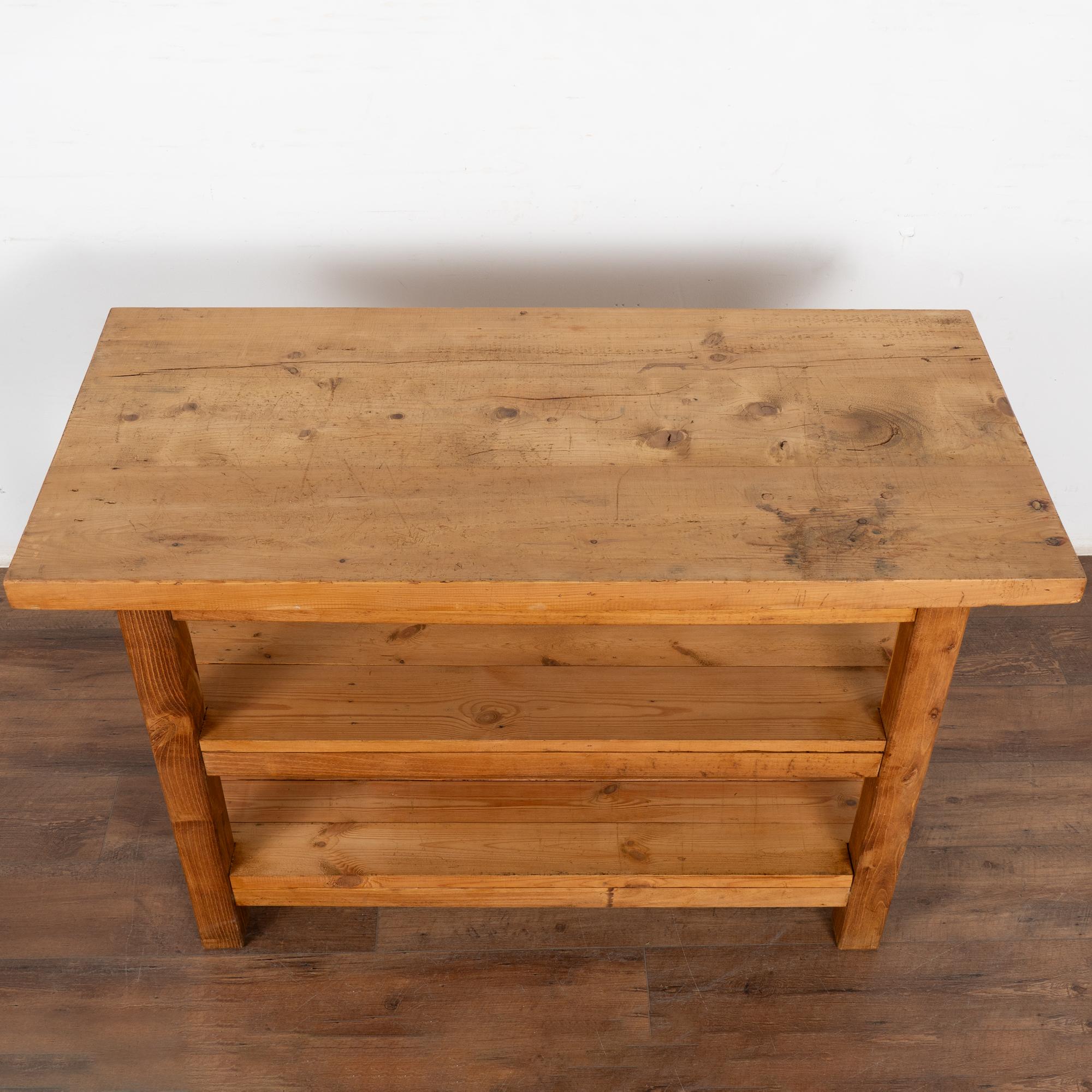 European Pine Worktable Small Kitchen Island Console with Two Shelves, Hungary Circa 1940