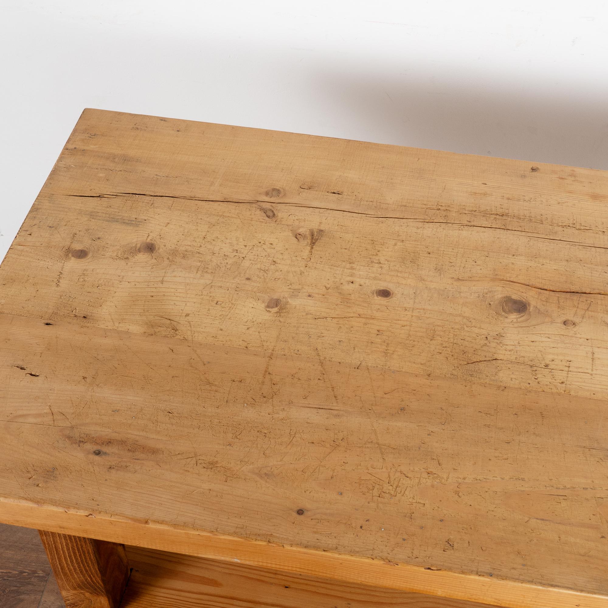 Pine Worktable Small Kitchen Island Console with Two Shelves, Hungary Circa 1940 In Good Condition In Round Top, TX