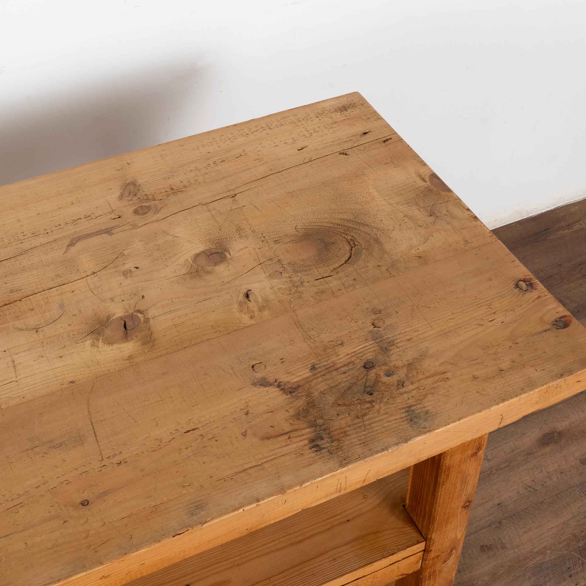 20th Century Pine Worktable Small Kitchen Island Console with Two Shelves, Hungary Circa 1940