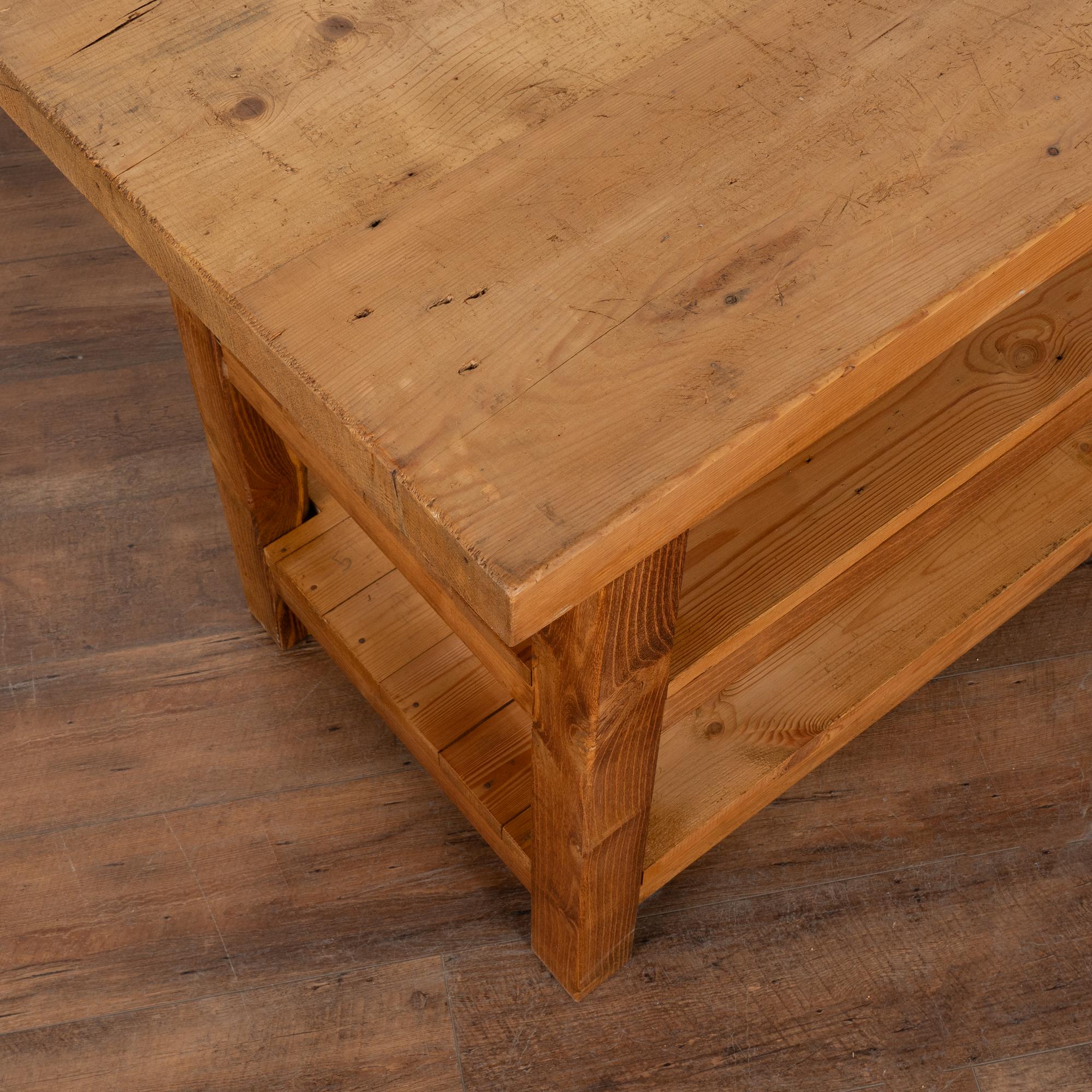 Pine Worktable Small Kitchen Island Console with Two Shelves, Hungary Circa 1940 1